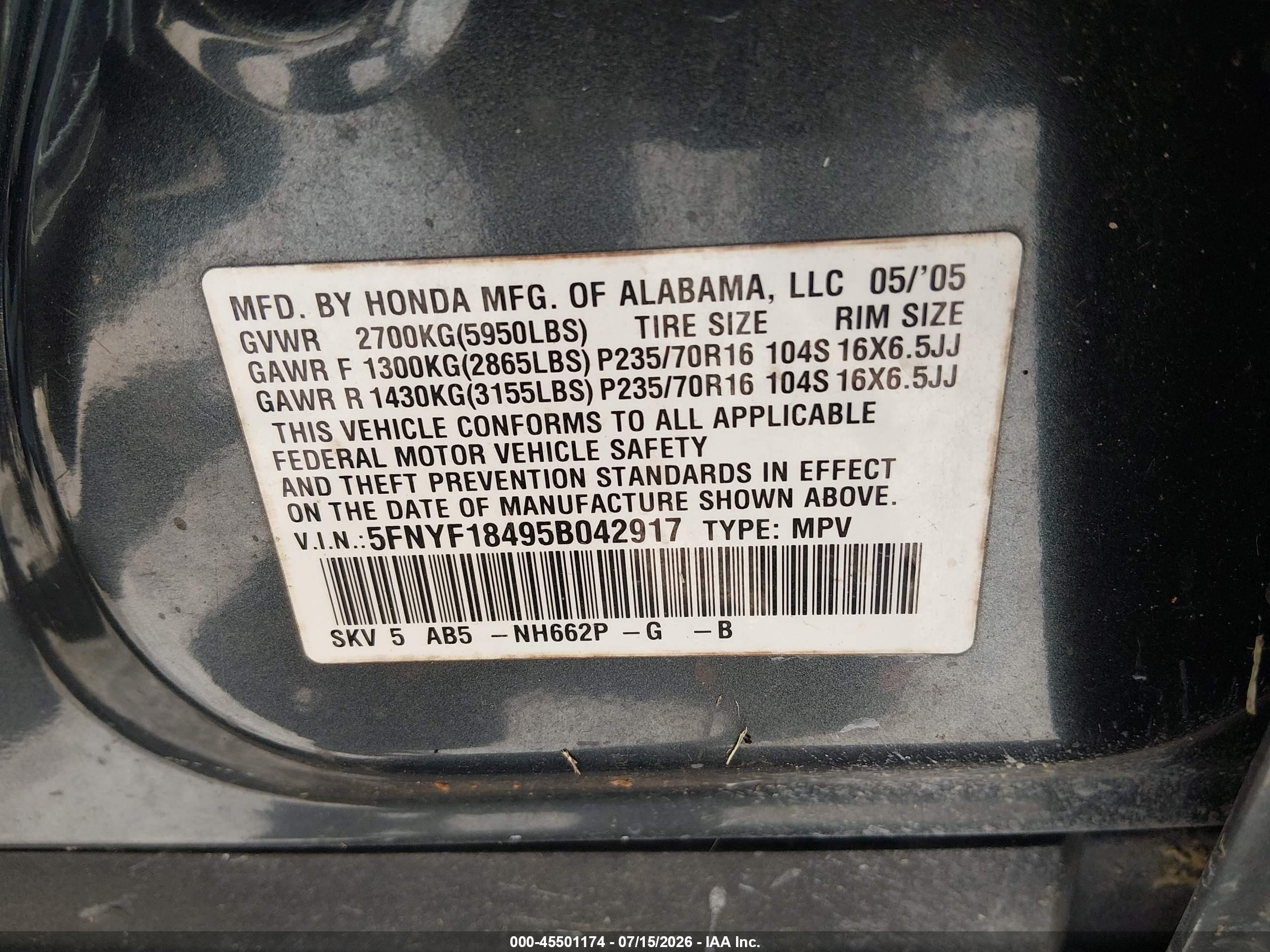 2005 Honda Pilot Ex Gray vin: 5FNYF18495B042917