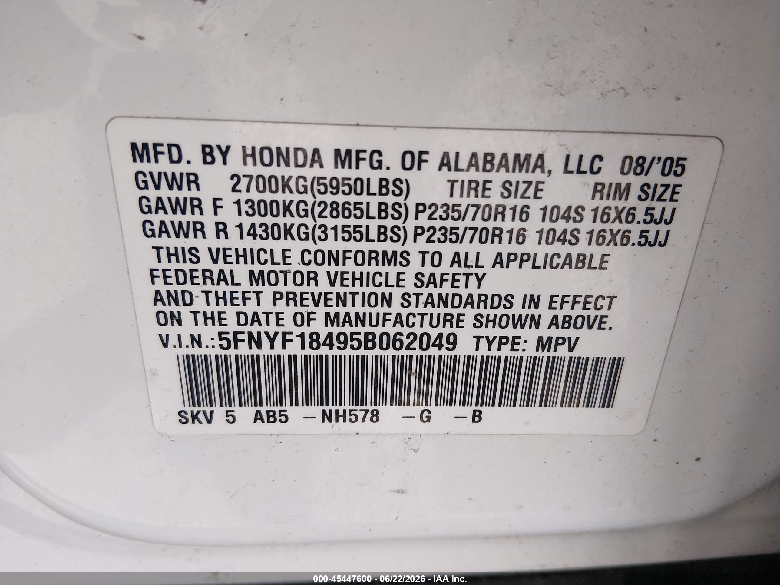 2005 Honda Pilot Ex White vin: 5FNYF18495B062049