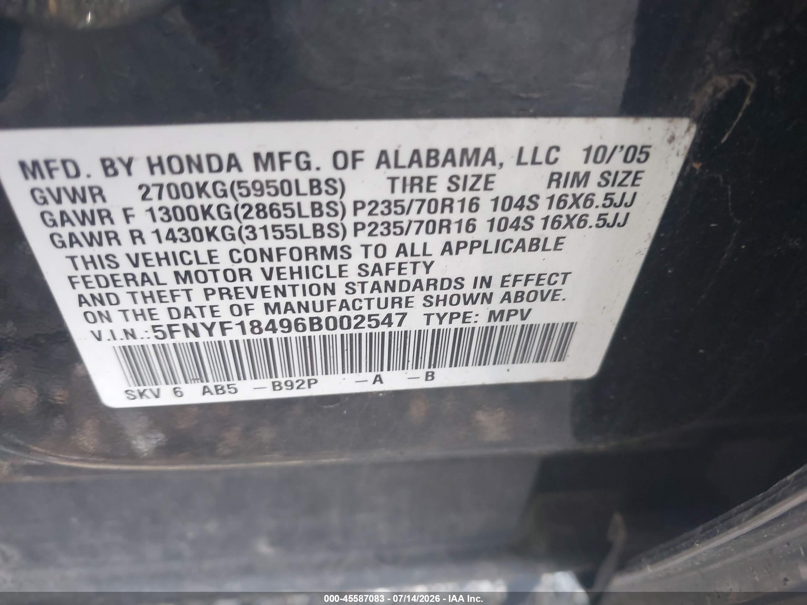 2006 Honda Pilot Ex Black vin: 5FNYF18496B002547
