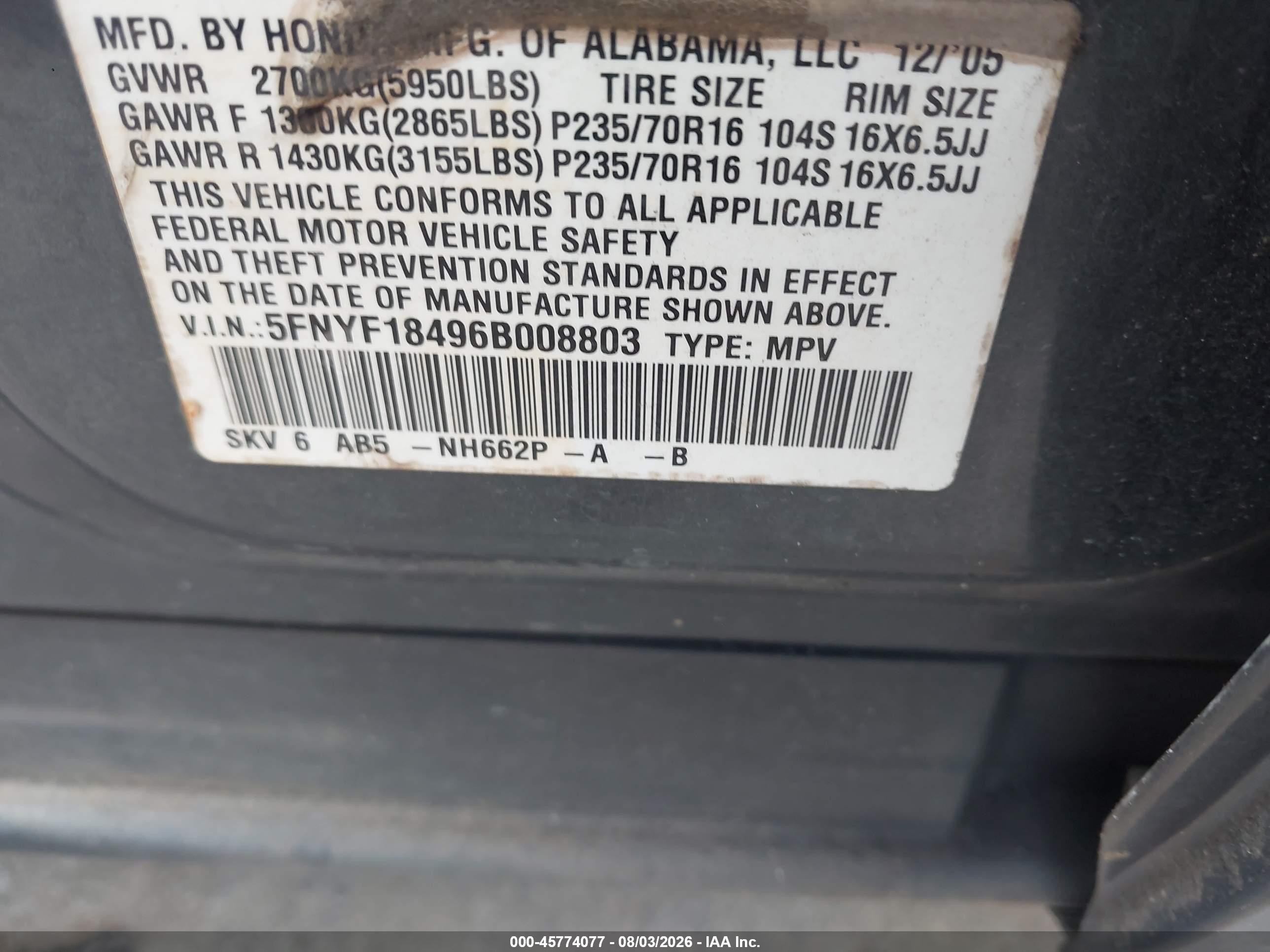 2006 Honda Pilot Ex Gray vin: 5FNYF18496B008803
