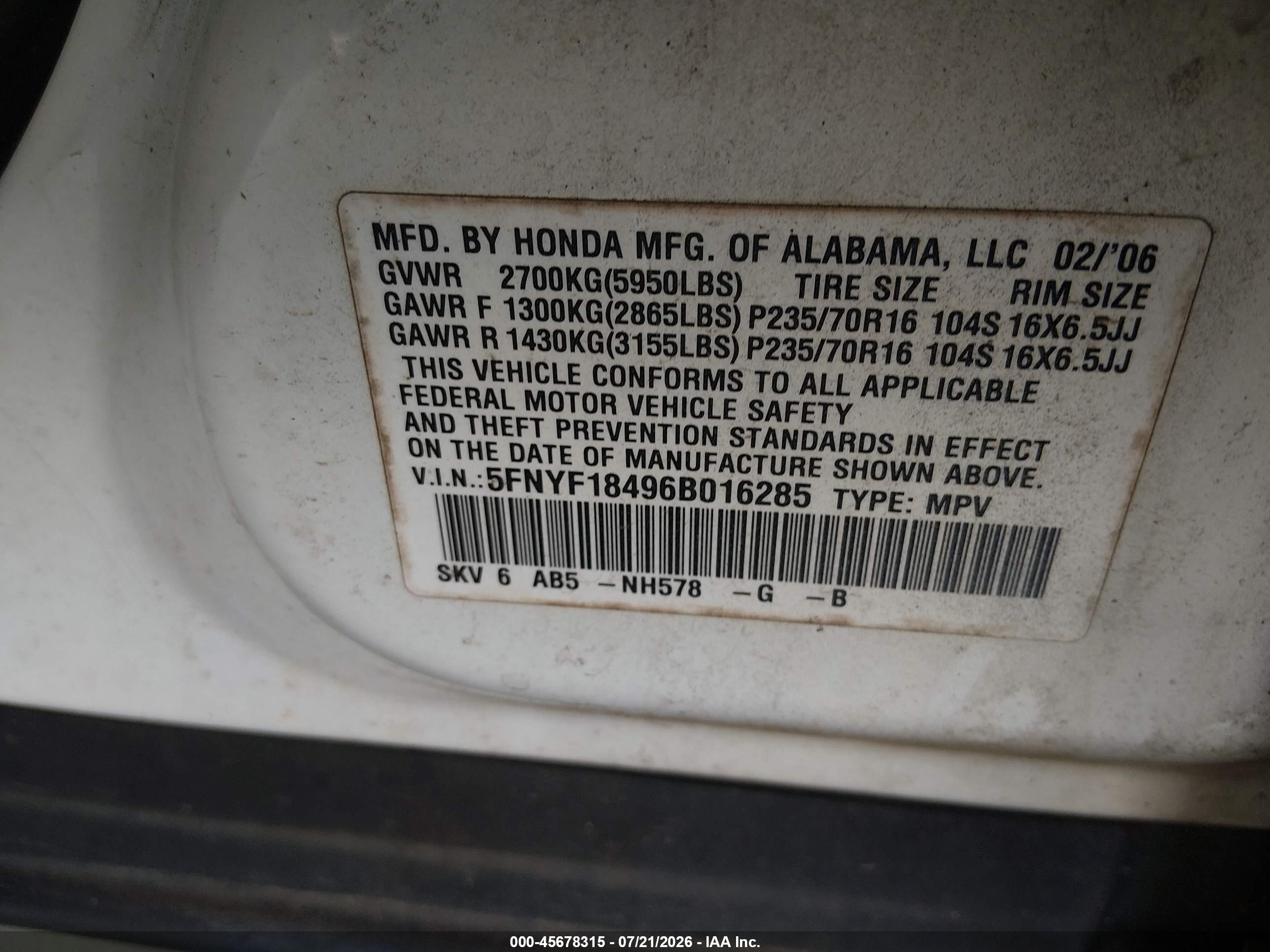 2006 Honda Pilot Ex White vin: 5FNYF18496B016285