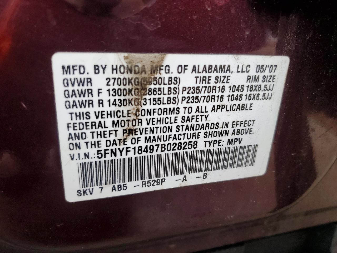 2007 Honda Pilot Ex Burgundy vin: 5FNYF18497B028258