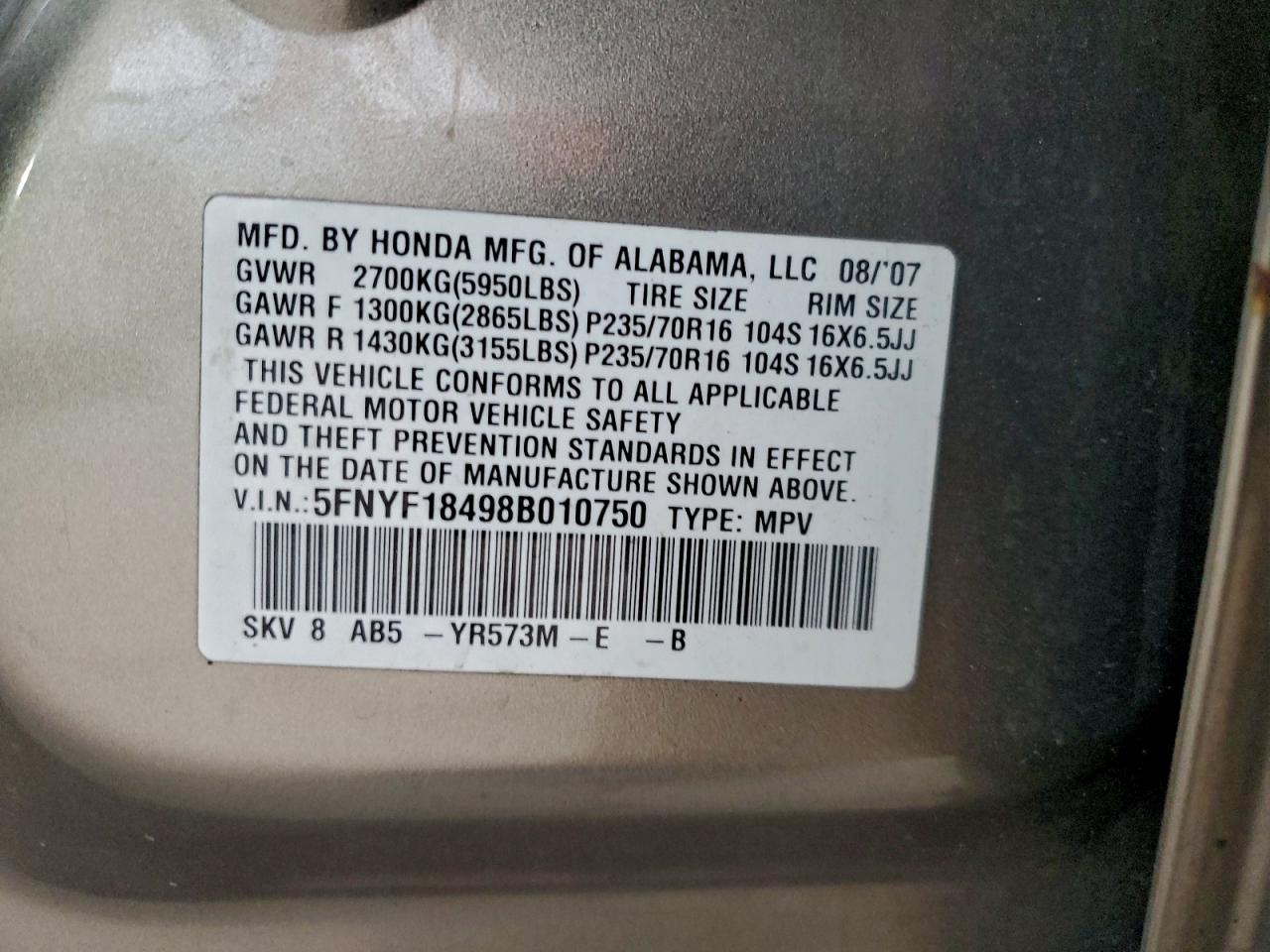 2008 Honda Pilot Ex Желто-коричневый vin: 5FNYF18498B010750