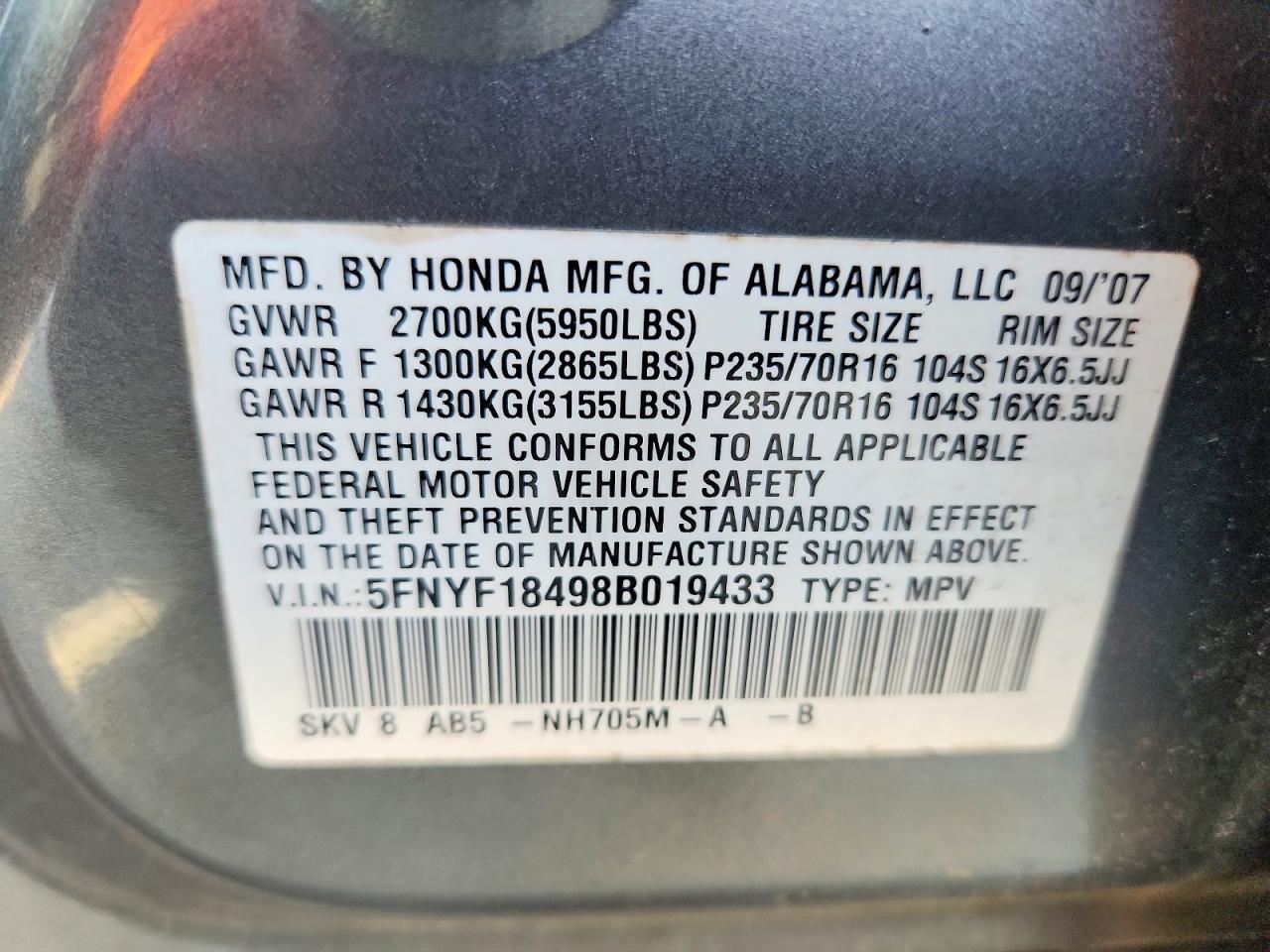 2008 Honda Pilot Ex Gray vin: 5FNYF18498B019433