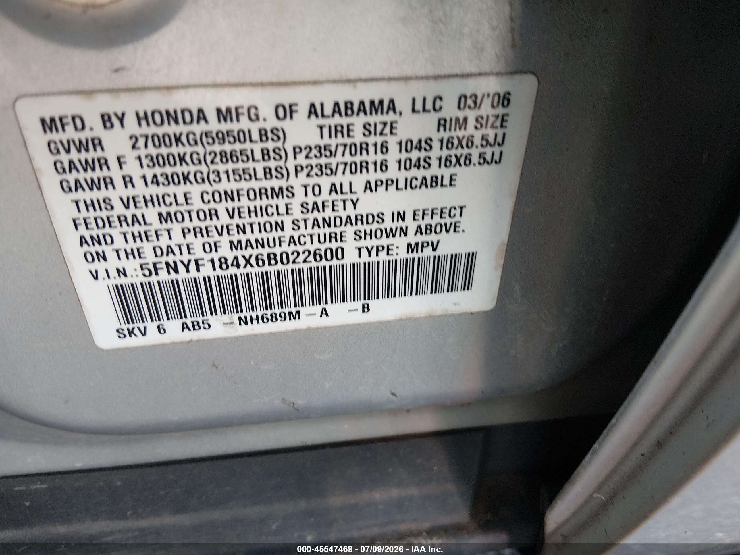 2006 Honda Pilot Ex Silver vin: 5FNYF184X6B022600