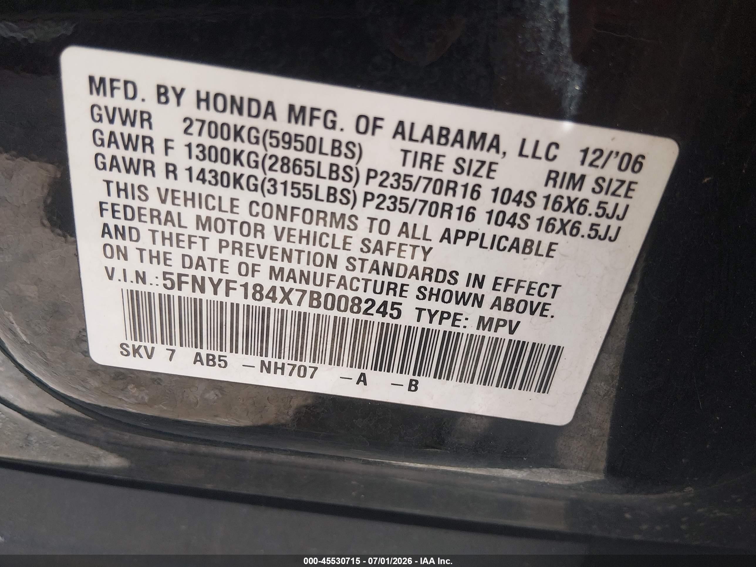 2007 Honda Pilot Ex Black vin: 5FNYF184X7B008245