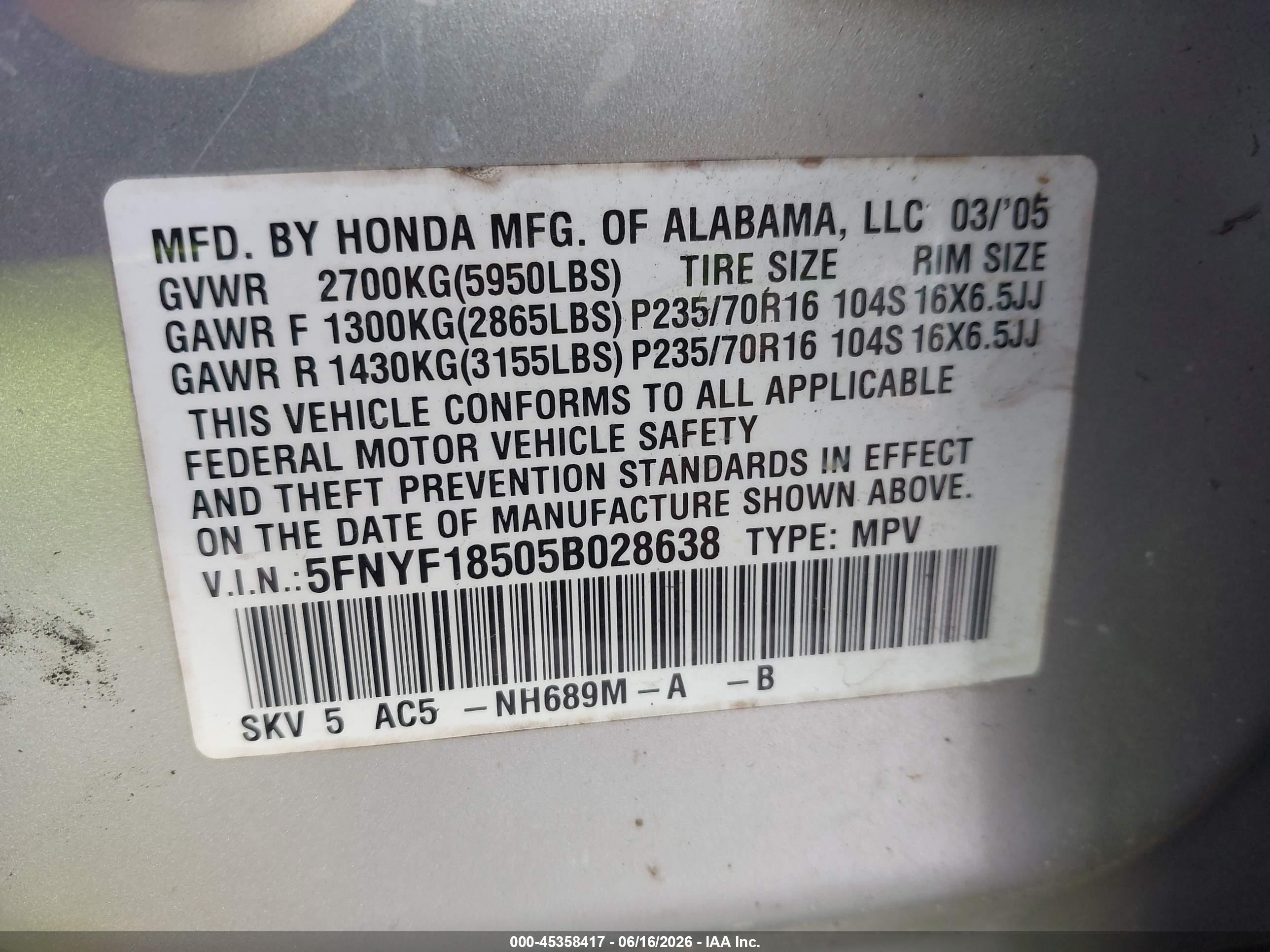 2005 Honda Pilot Ex-l Silver vin: 5FNYF18505B028638