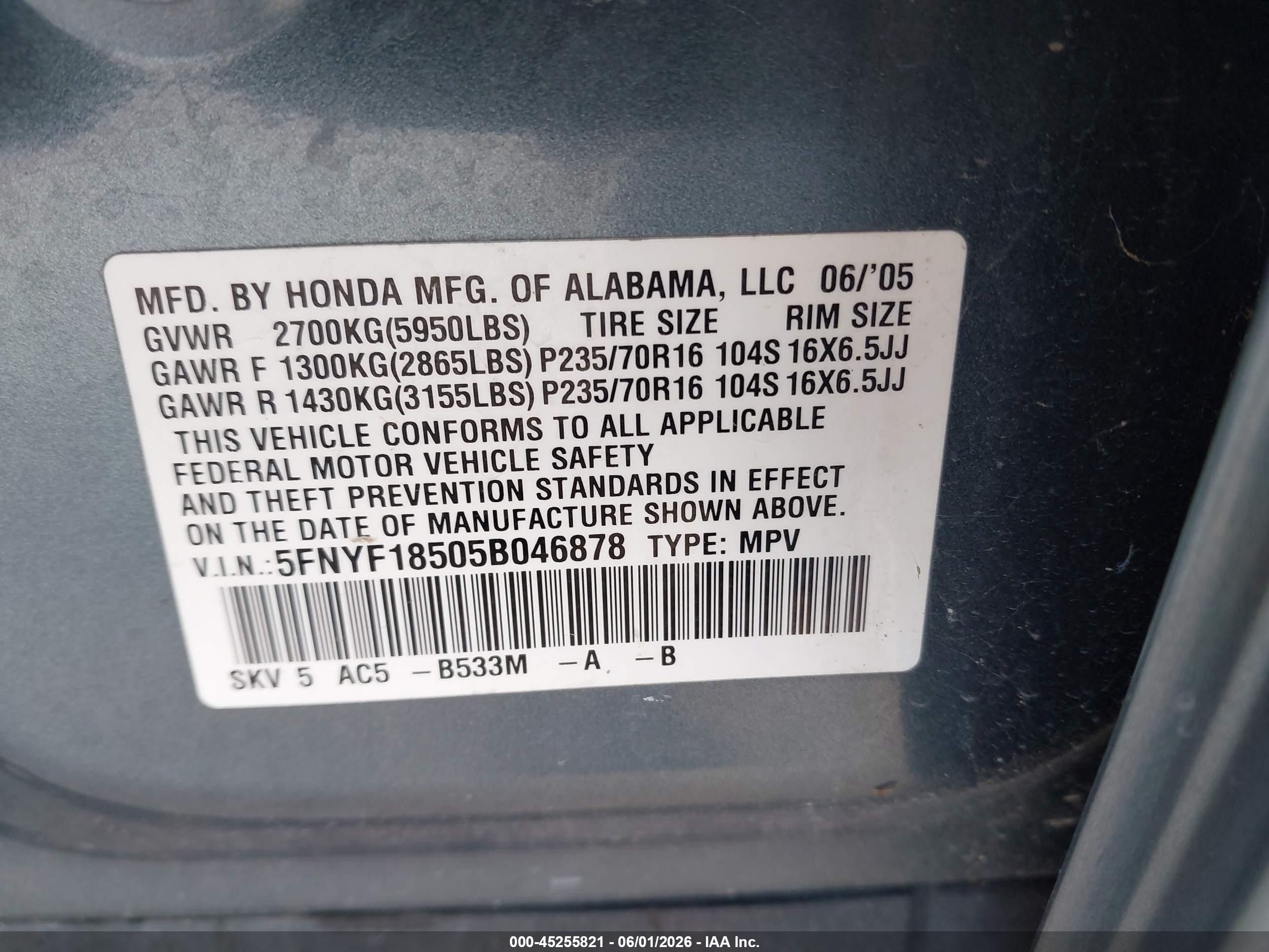 2005 Honda Pilot Ex-l Бирюзовый vin: 5FNYF18505B046878