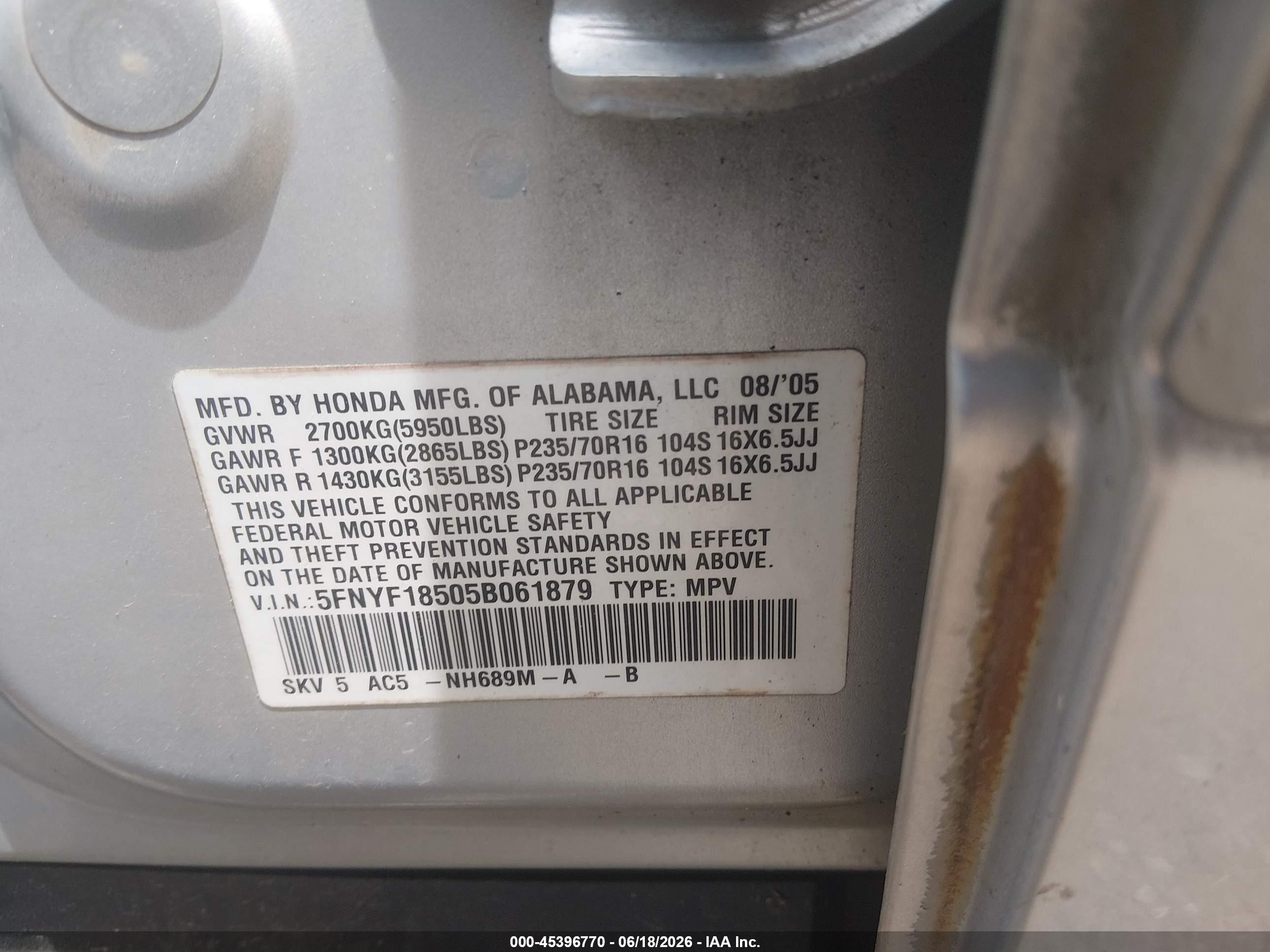 2005 Honda Pilot Ex-l Серебряный vin: 5FNYF18505B061879