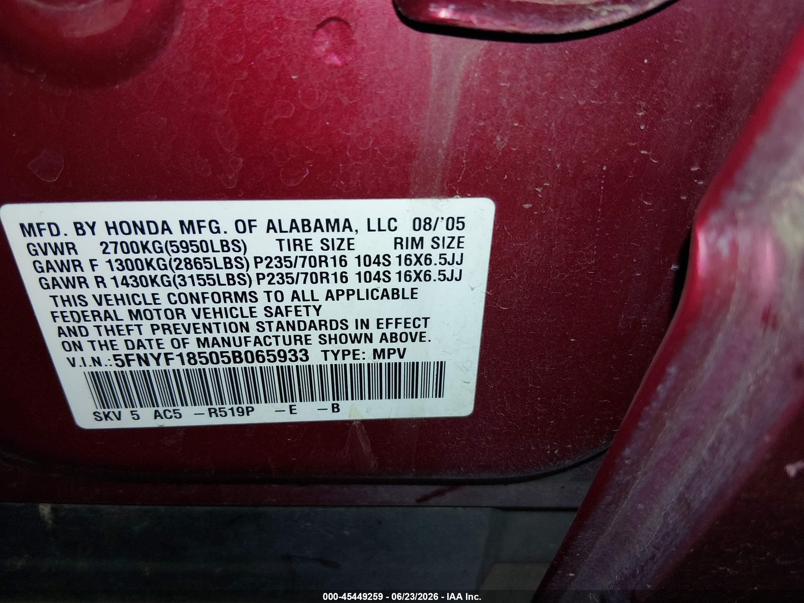 2005 Honda Pilot Ex-l Maroon vin: 5FNYF18505B065933