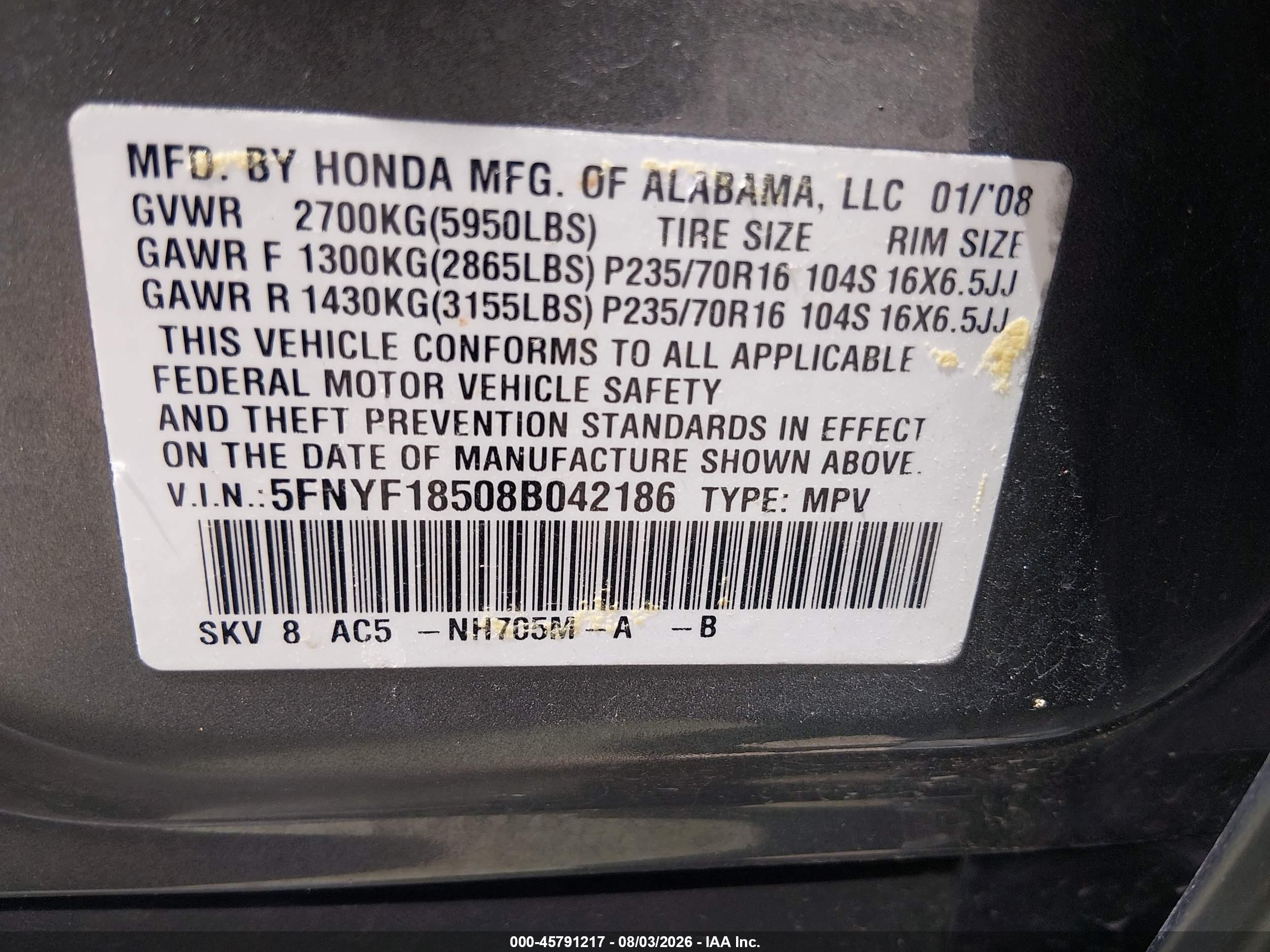 2008 Honda Pilot Ex-l Gray vin: 5FNYF18508B042186