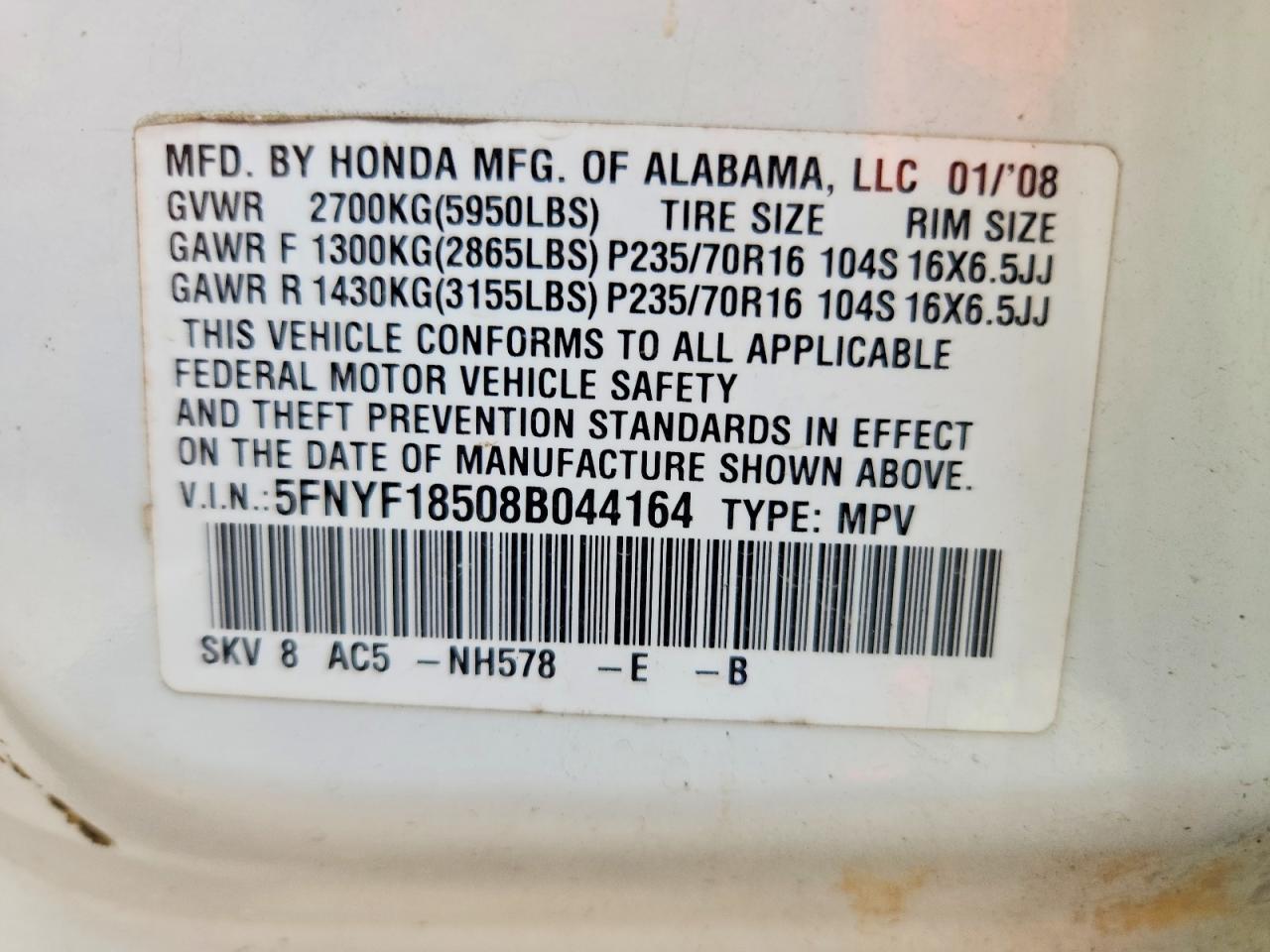 2008 Honda Pilot Exl Белый vin: 5FNYF18508B044164