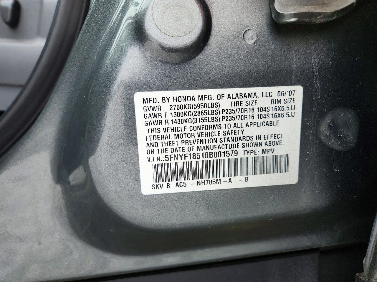 2008 Honda Pilot Exl Gray vin: 5FNYF18518B001579