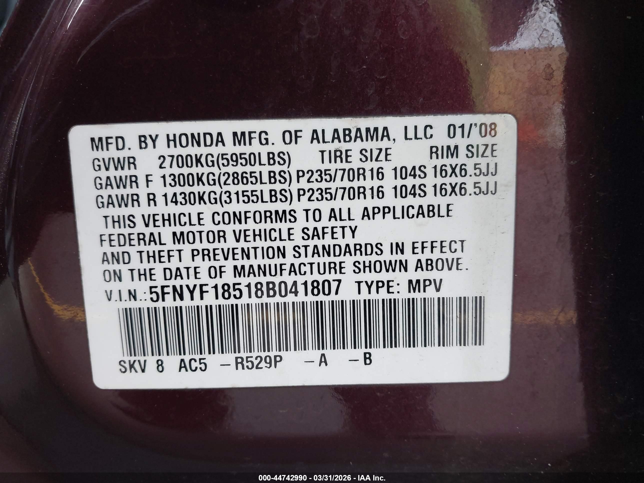 2008 Honda Pilot Ex-l Maroon vin: 5FNYF18518B041807