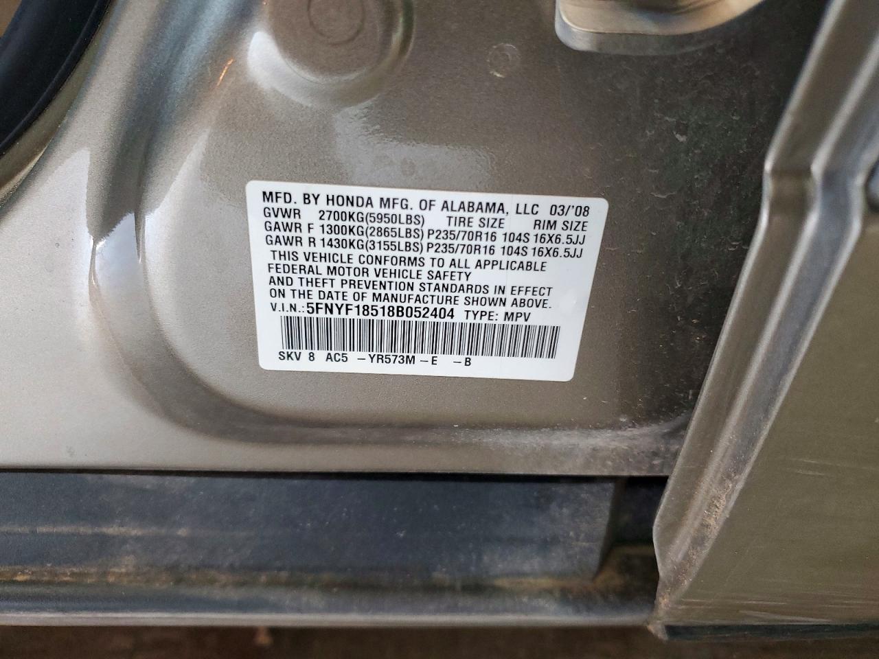 2008 Honda Pilot Exl Tan vin: 5FNYF18518B052404