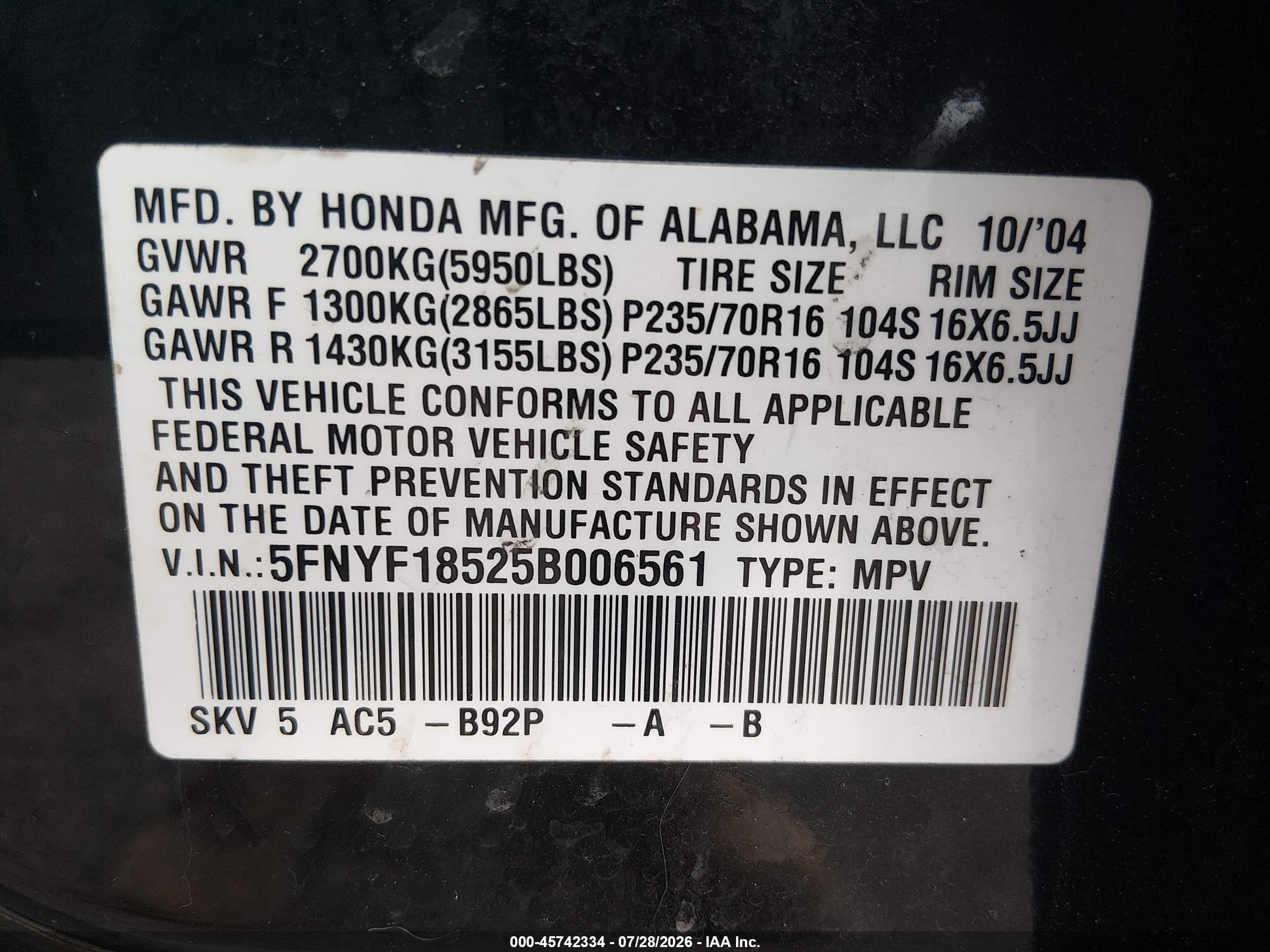 2005 Honda Pilot Ex-l Black vin: 5FNYF18525B006561