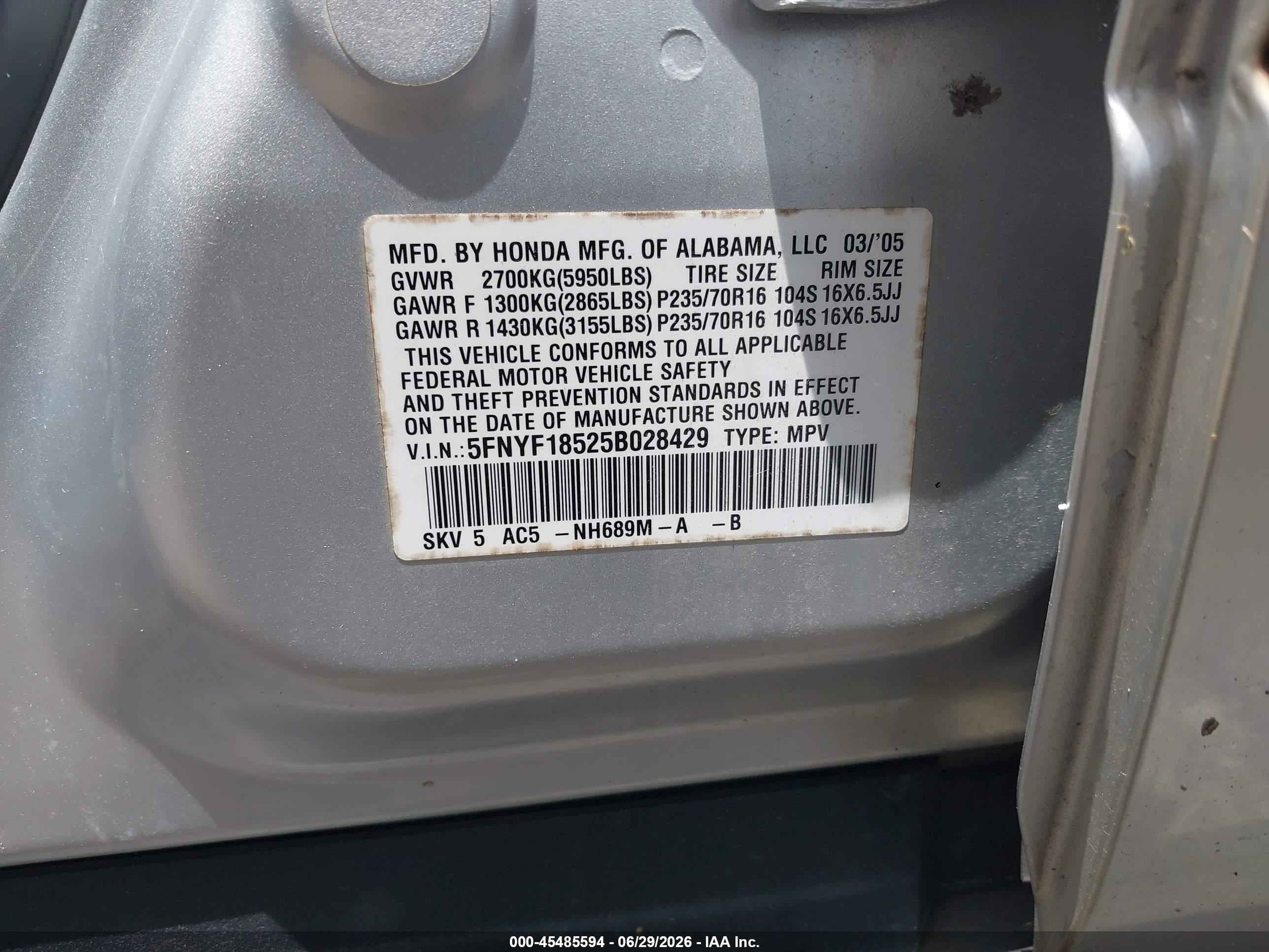 2005 Honda Pilot Ex-l Серебряный vin: 5FNYF18525B028429