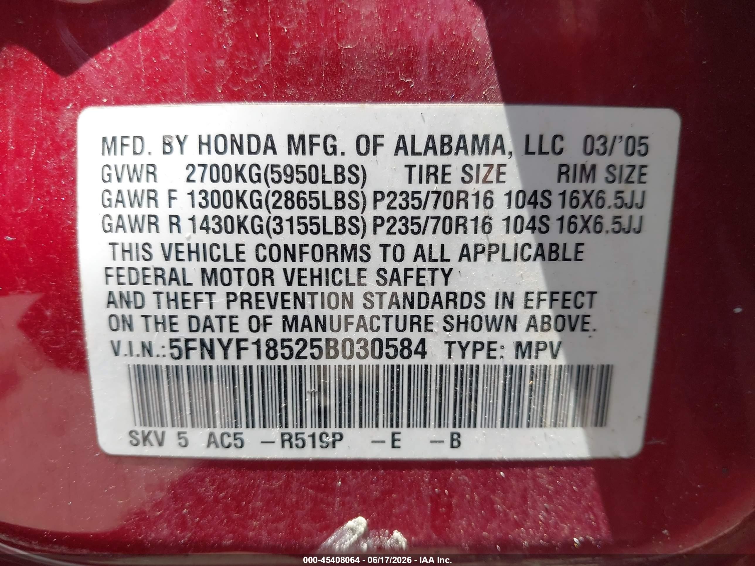 2005 Honda Pilot Ex-l Red vin: 5FNYF18525B030584