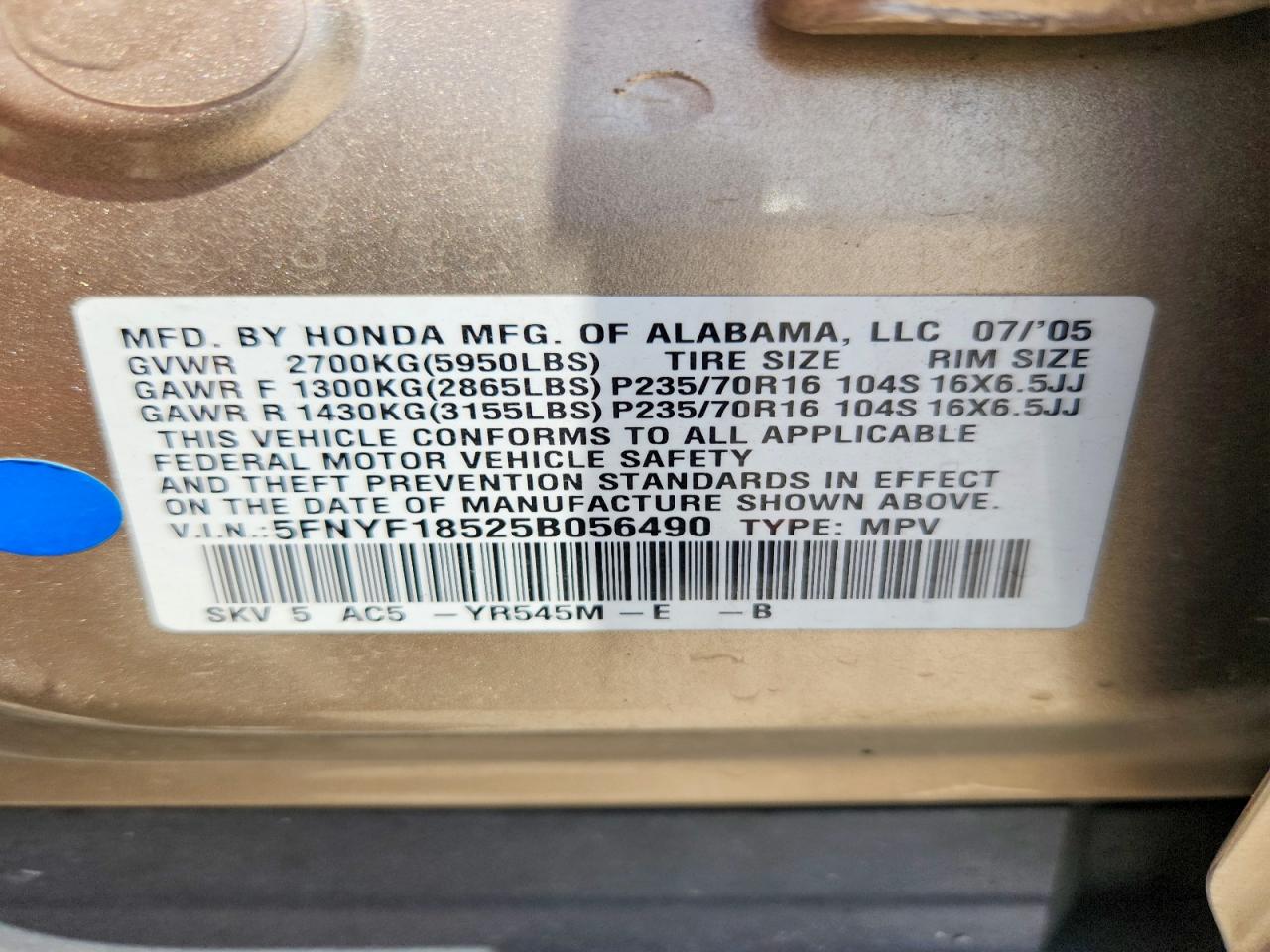 2005 Honda Pilot Exl Gold vin: 5FNYF18525B056490