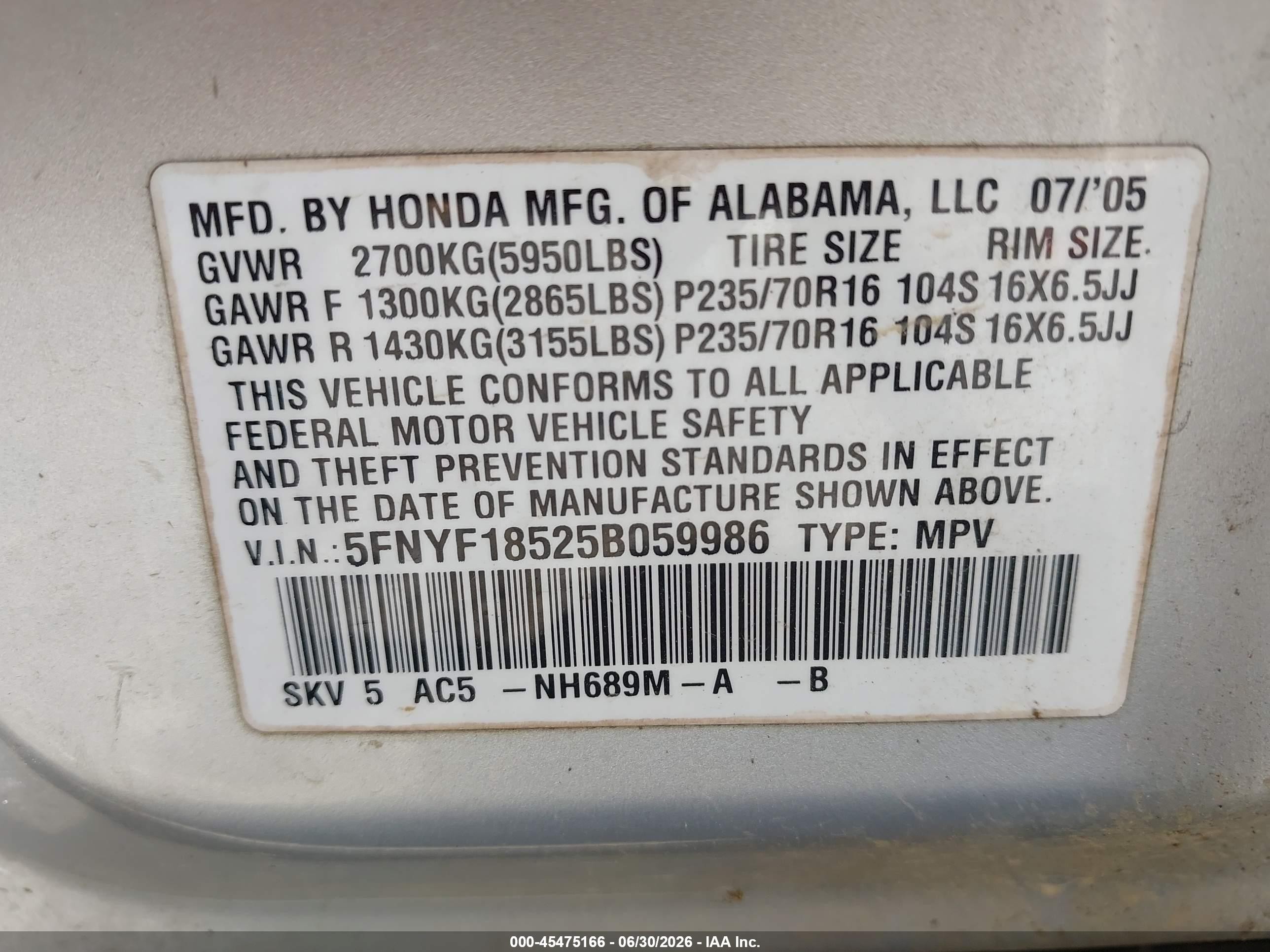2005 Honda Pilot Ex-l Gray vin: 5FNYF18525B059986