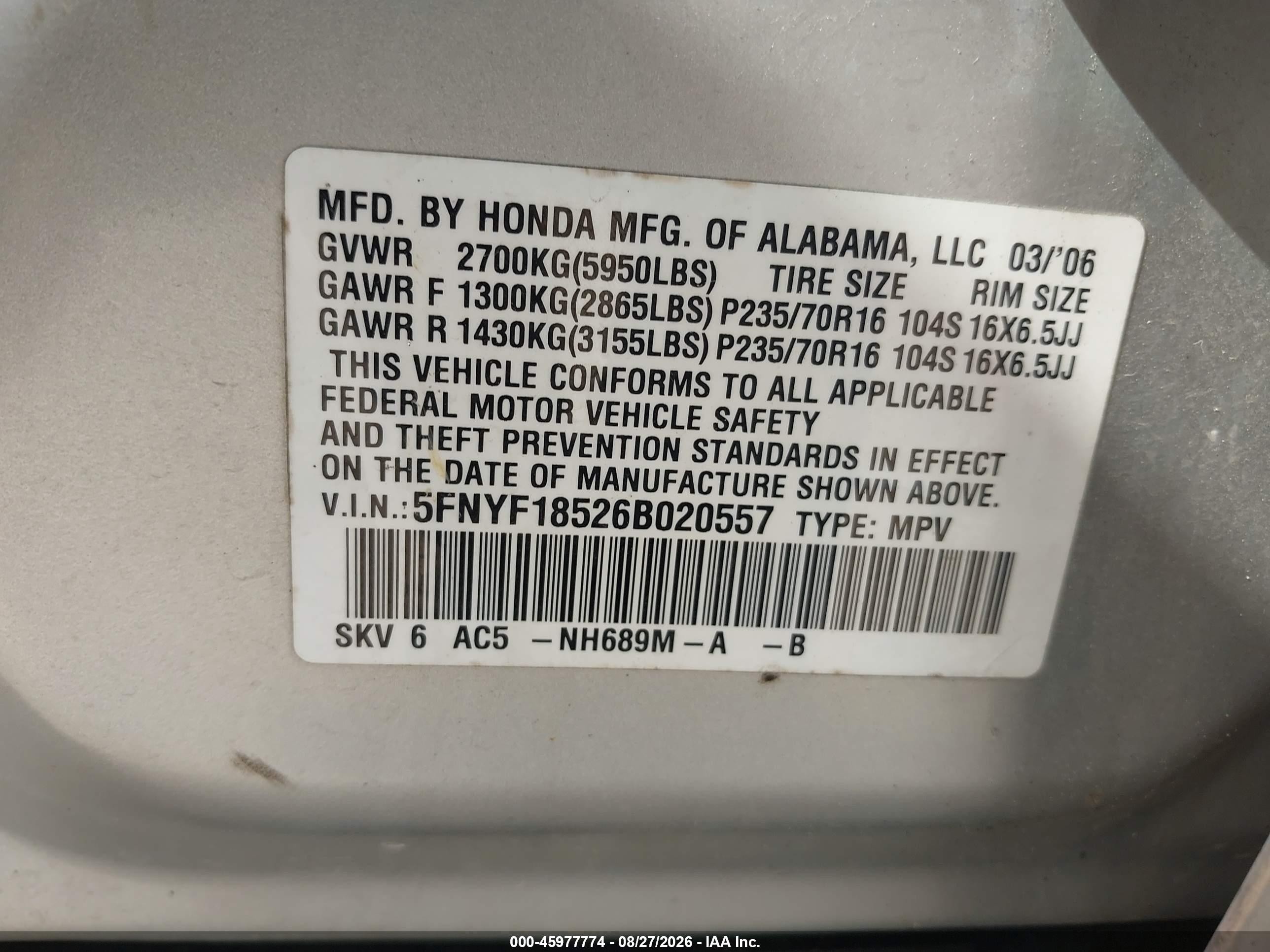 2006 Honda Pilot Ex-l Silver vin: 5FNYF18526B020557