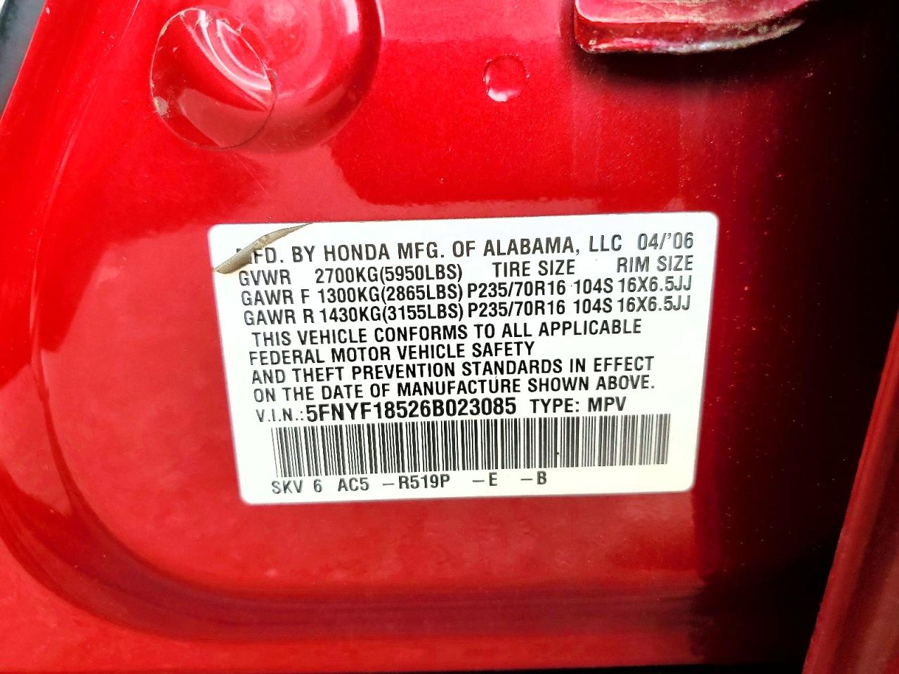 2006 Honda Pilot Ex Red vin: 5FNYF18526B023085