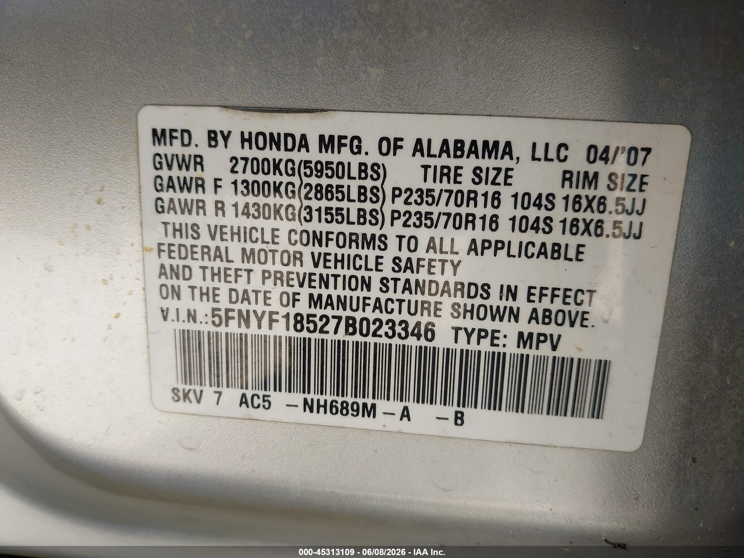 2007 Honda Pilot Ex-l Silver vin: 5FNYF18527B023346