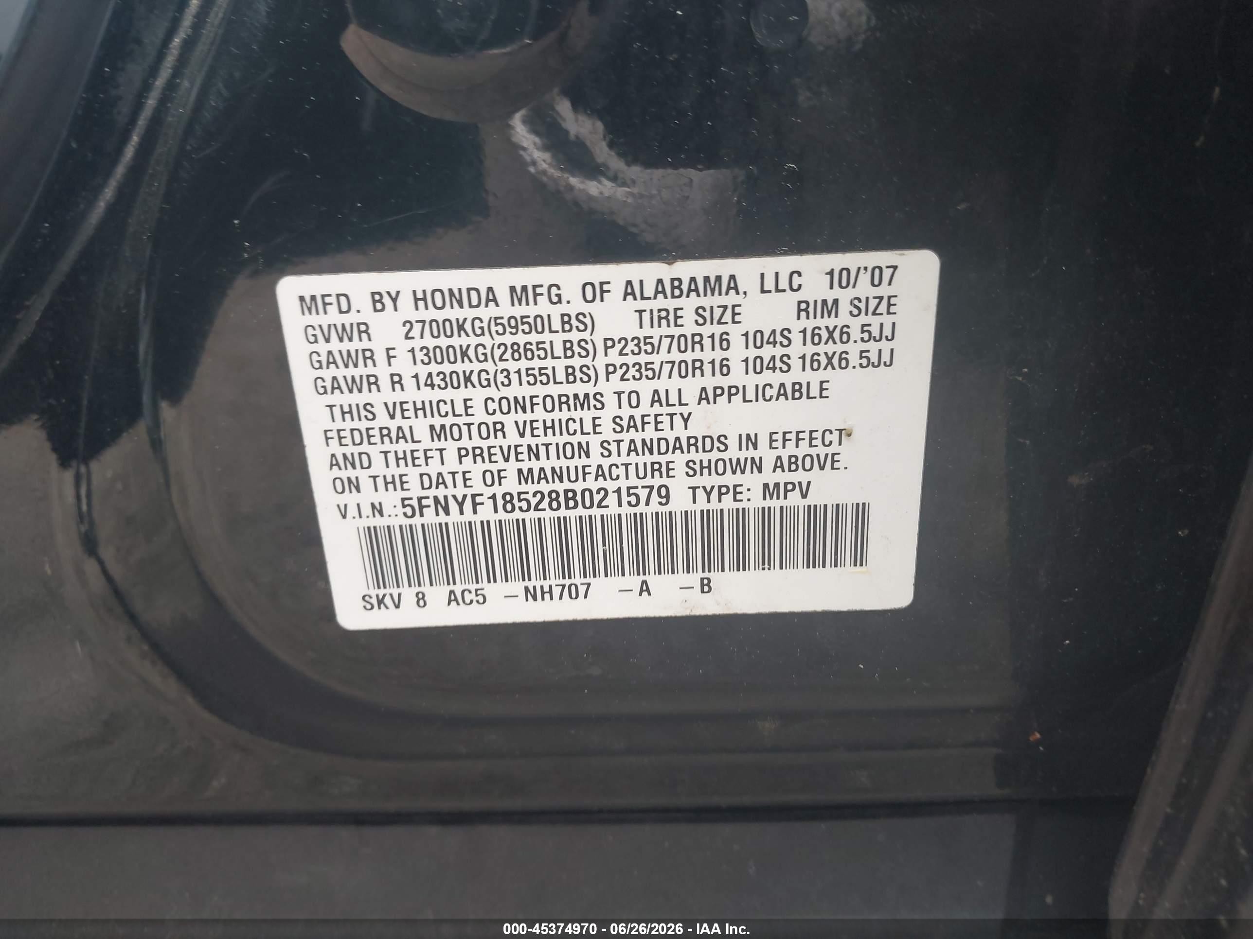 2008 Honda Pilot Ex-l Black vin: 5FNYF18528B021579