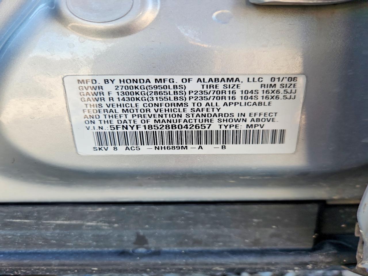 2008 Honda Pilot Exl Silver vin: 5FNYF18528B042657