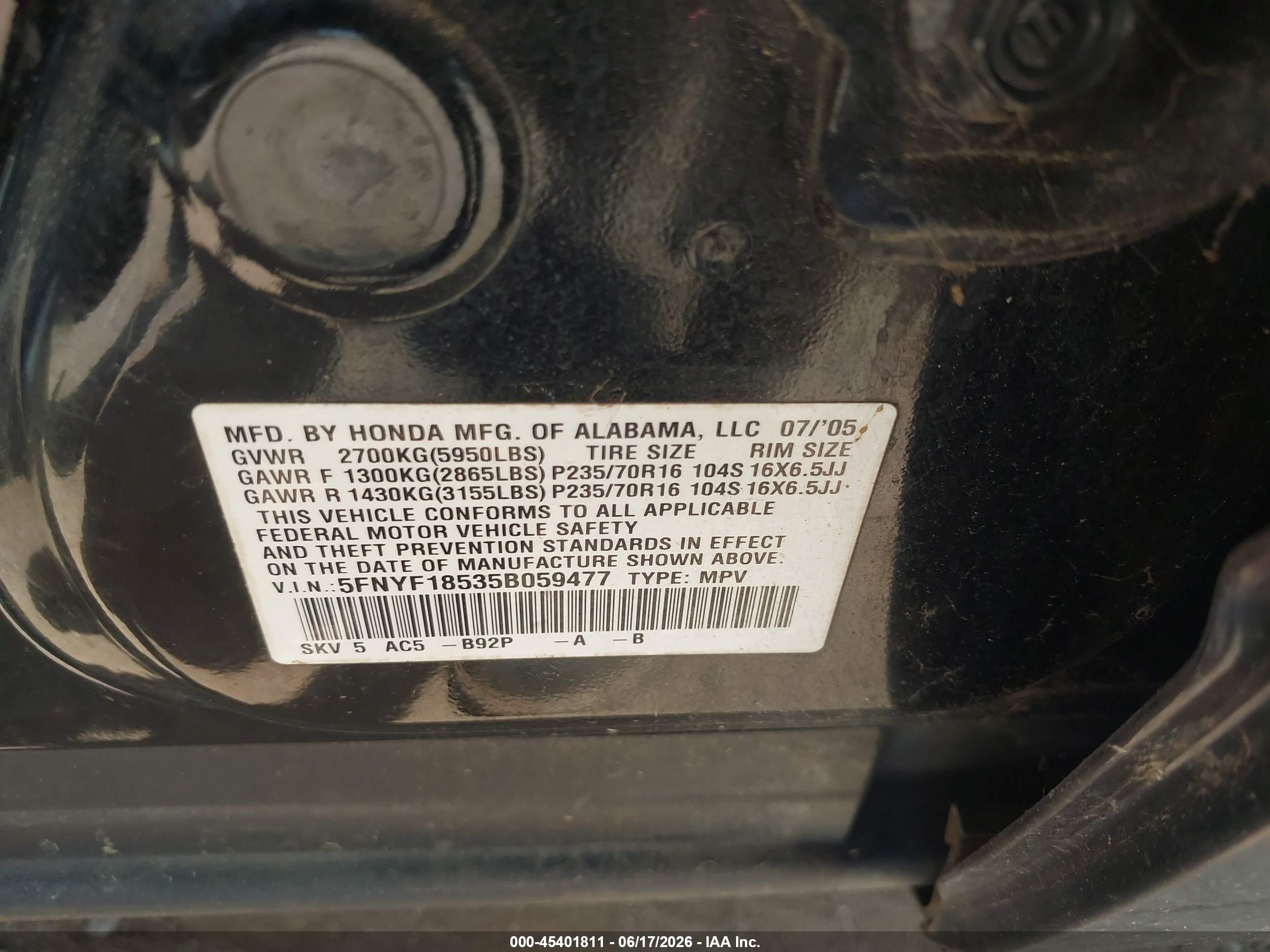2005 Honda Pilot Ex-l Черный vin: 5FNYF18535B059477