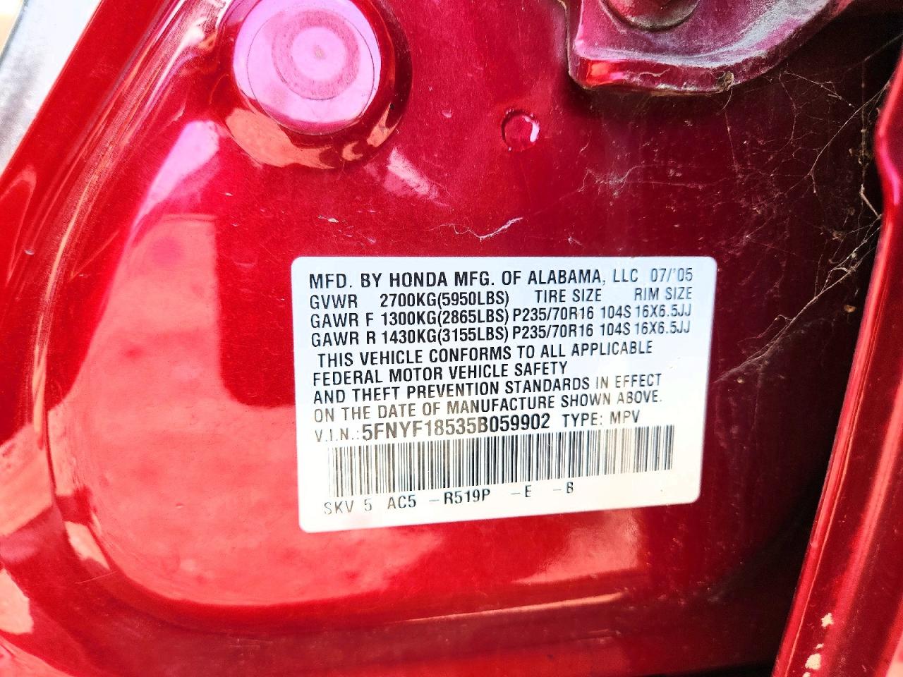 2005 Honda Pilot Exl Red vin: 5FNYF18535B059902