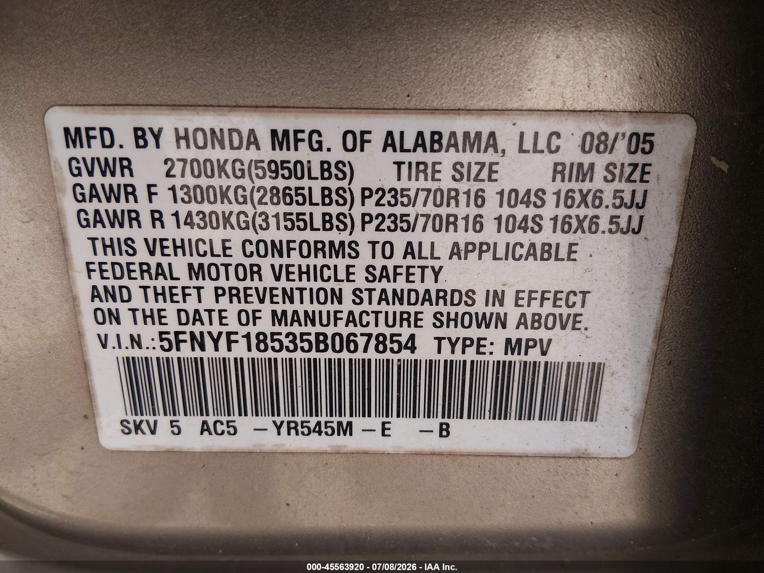 2005 Honda Pilot Ex-l Gold vin: 5FNYF18535B067854