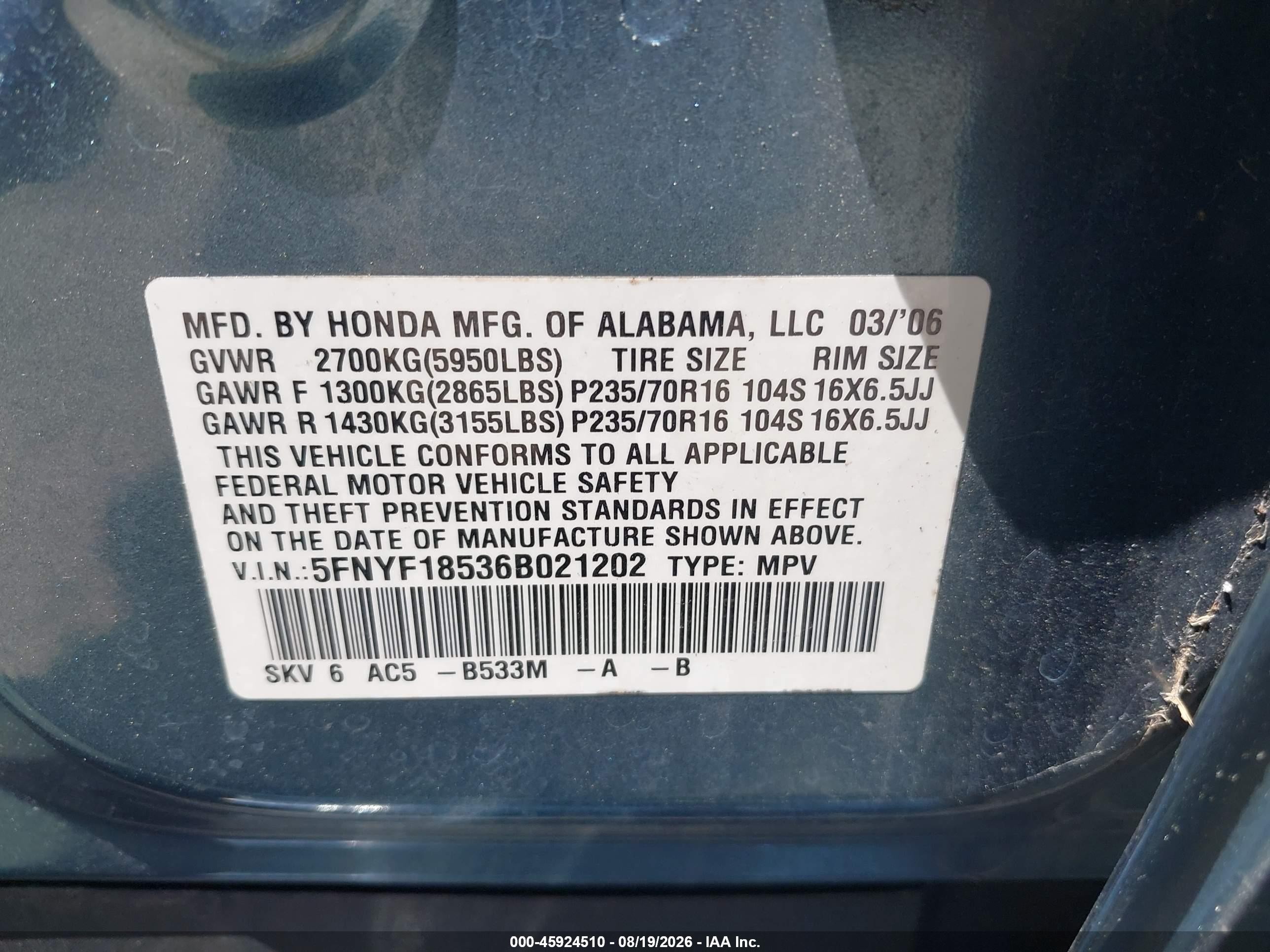 2006 Honda Pilot Ex-l Blue vin: 5FNYF18536B021202