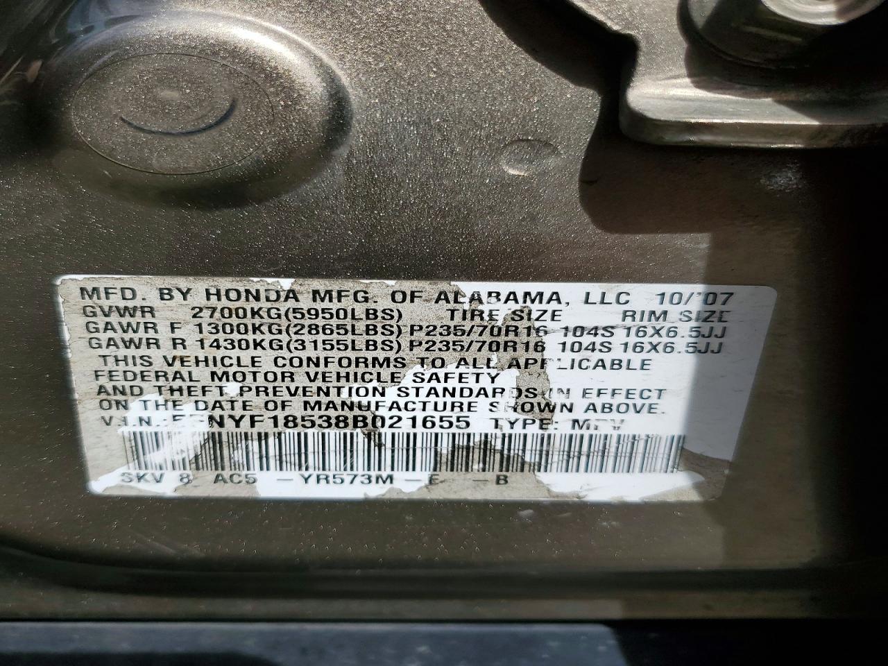 2008 Honda Pilot Exl Tan vin: 5FNYF18538B021655
