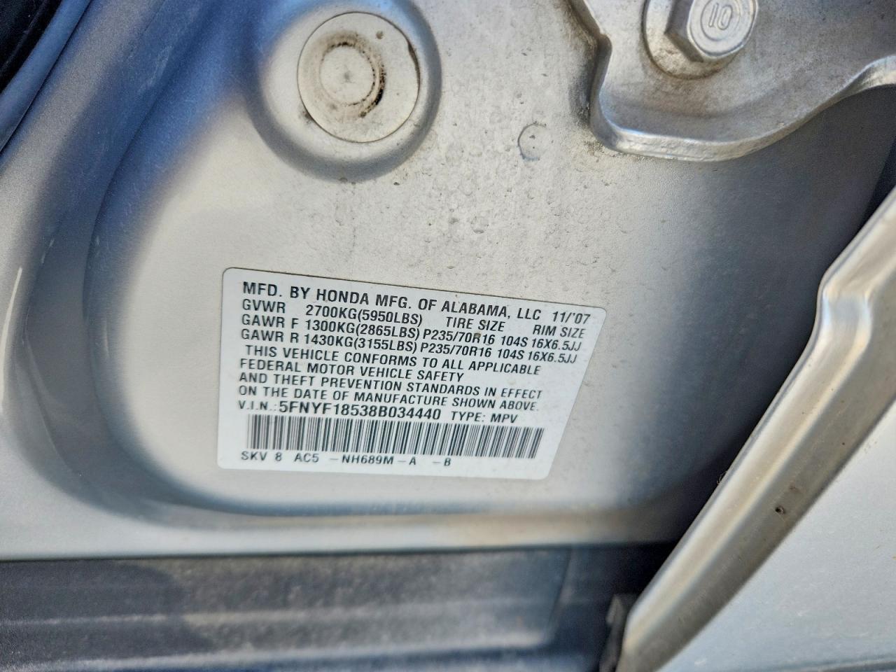 2008 Honda Pilot Exl Silver vin: 5FNYF18538B034440