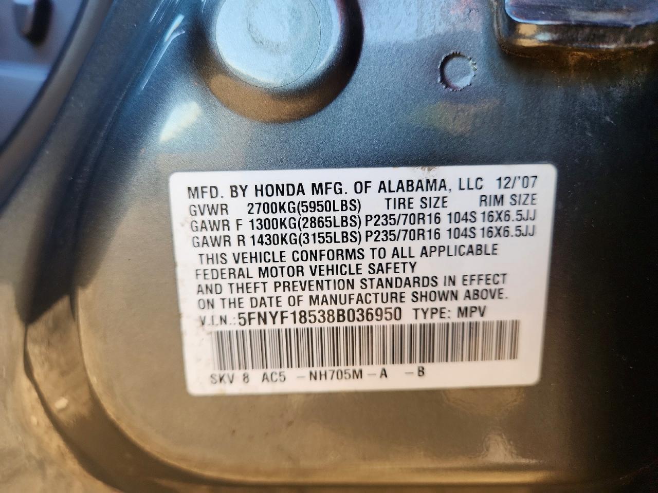 2008 Honda Pilot Exl Gray vin: 5FNYF18538B036950
