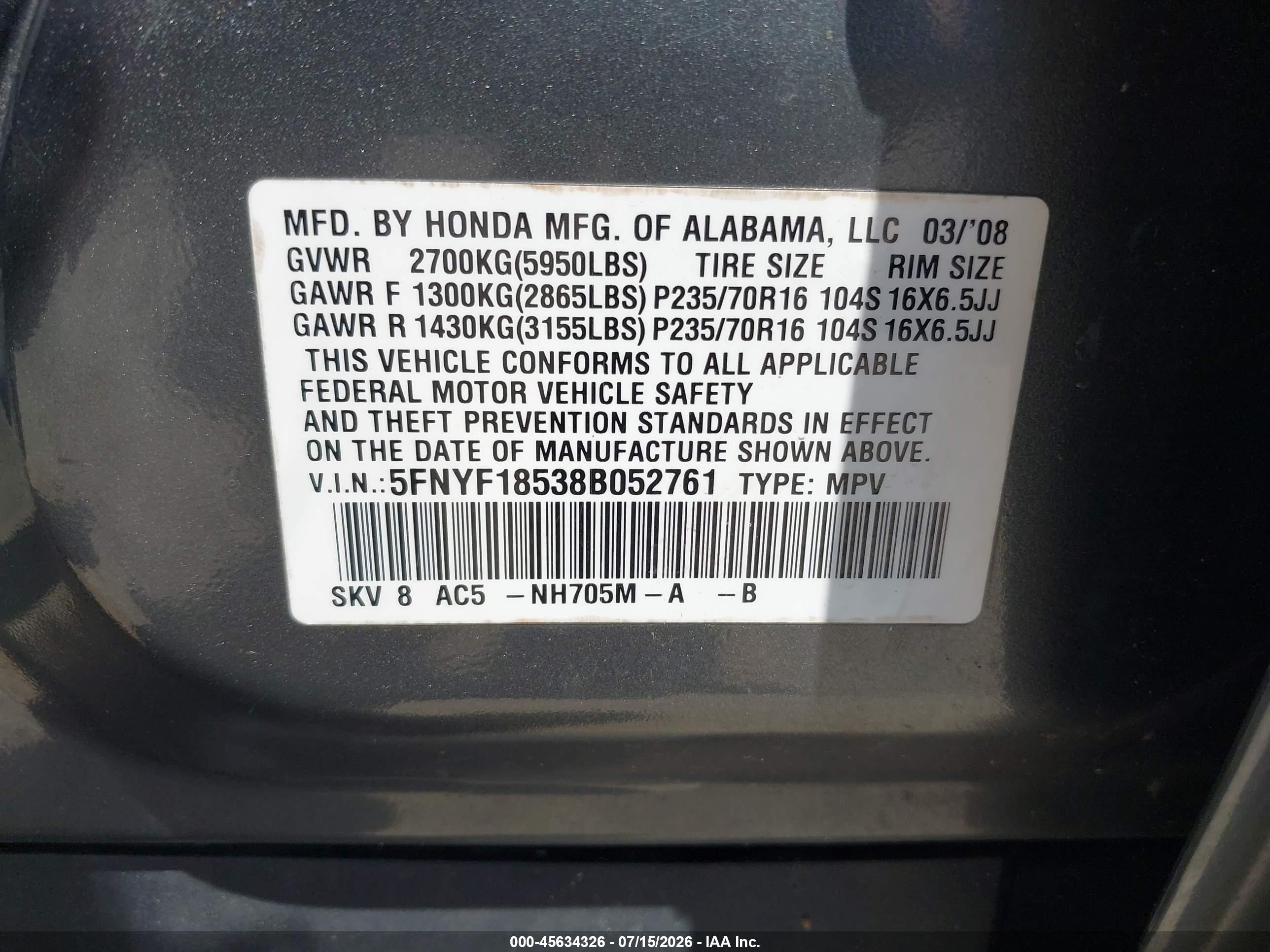 2008 Honda Pilot Ex-l Gray vin: 5FNYF18538B052761
