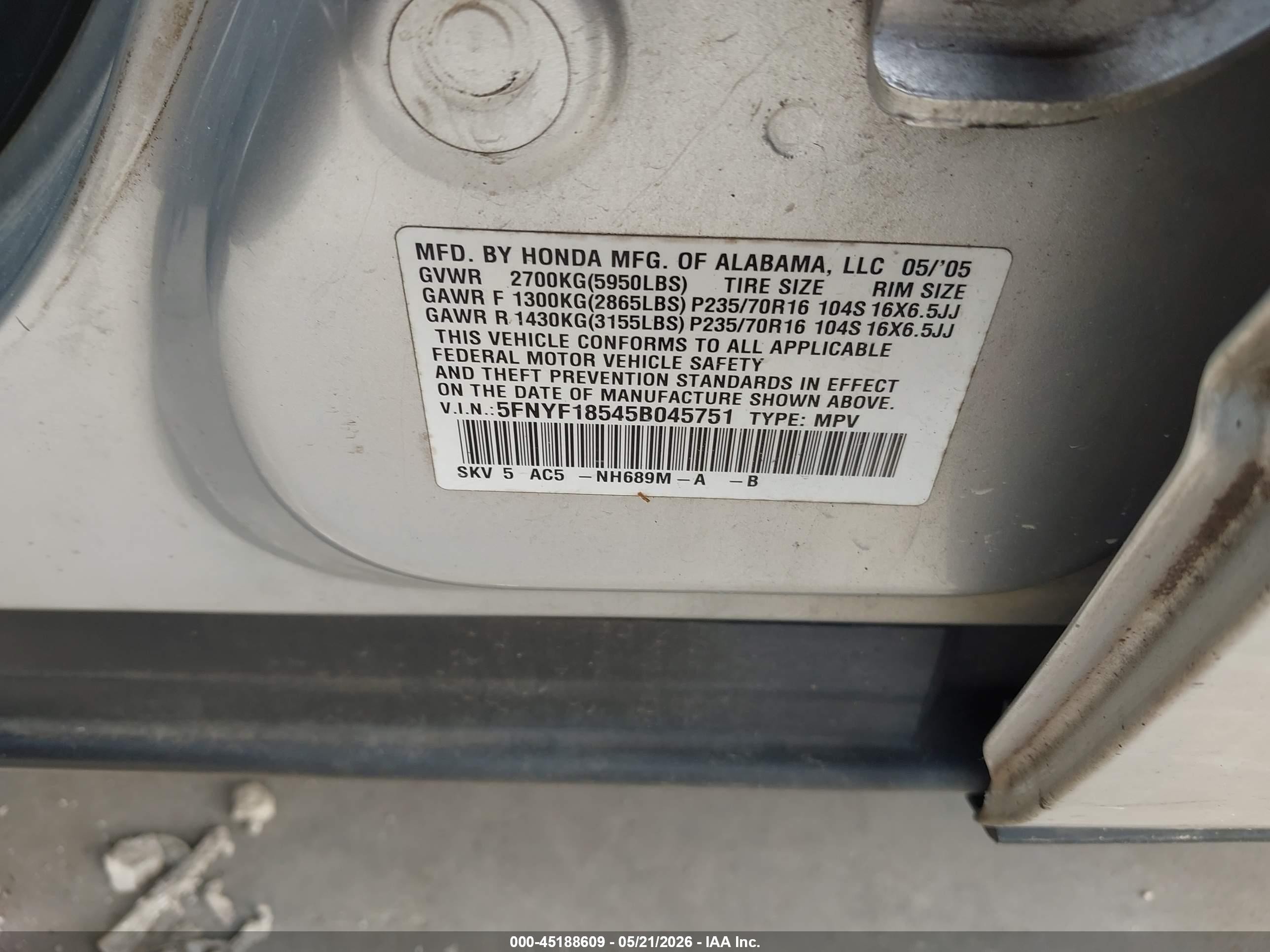 2005 Honda Pilot Ex-l Silver vin: 5FNYF18545B045751