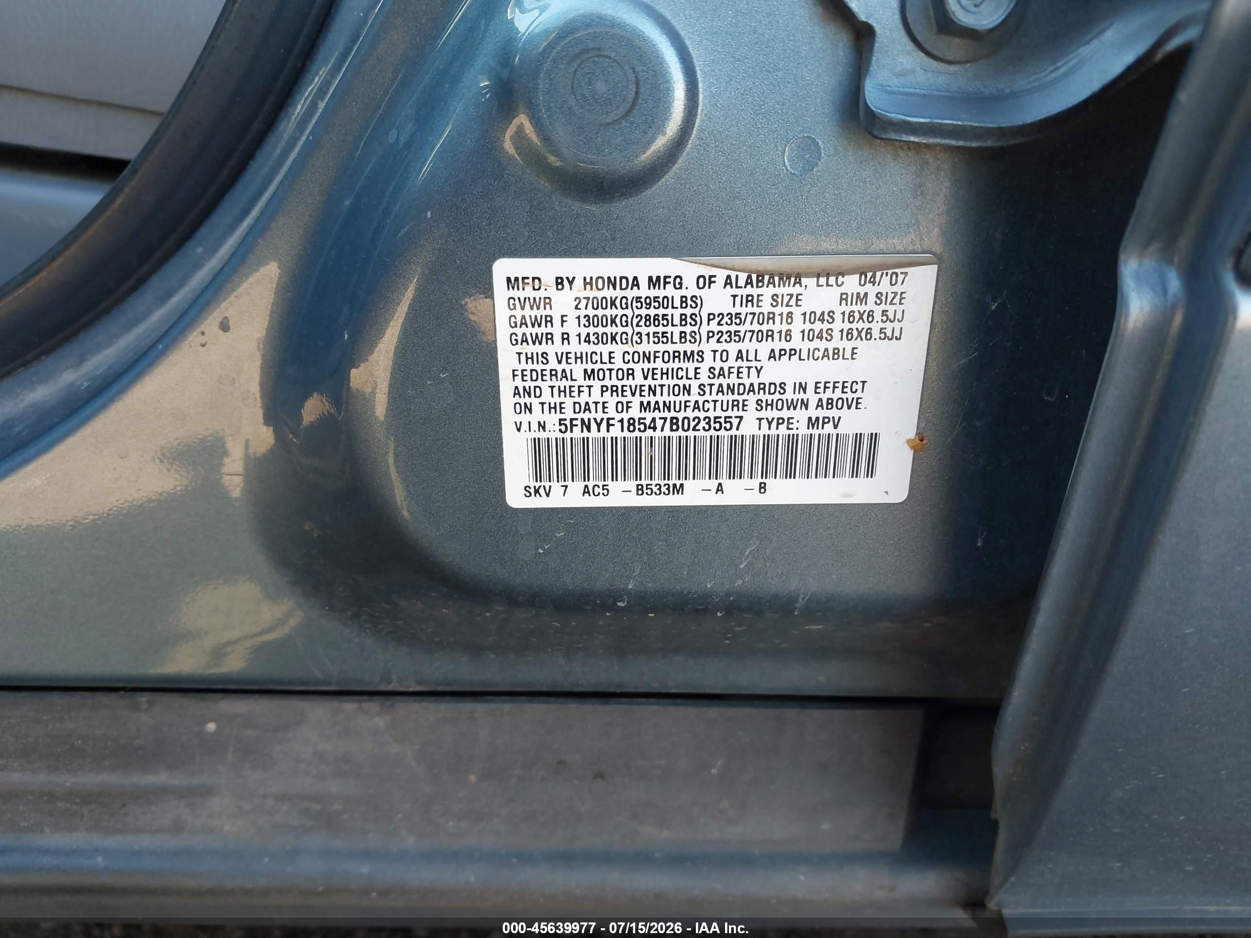 2007 Honda Pilot Ex-l Blue vin: 5FNYF18547B023557