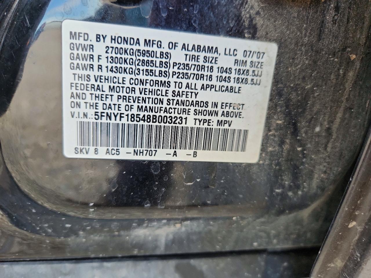 2008 Honda Pilot Exl Черный vin: 5FNYF18548B003231