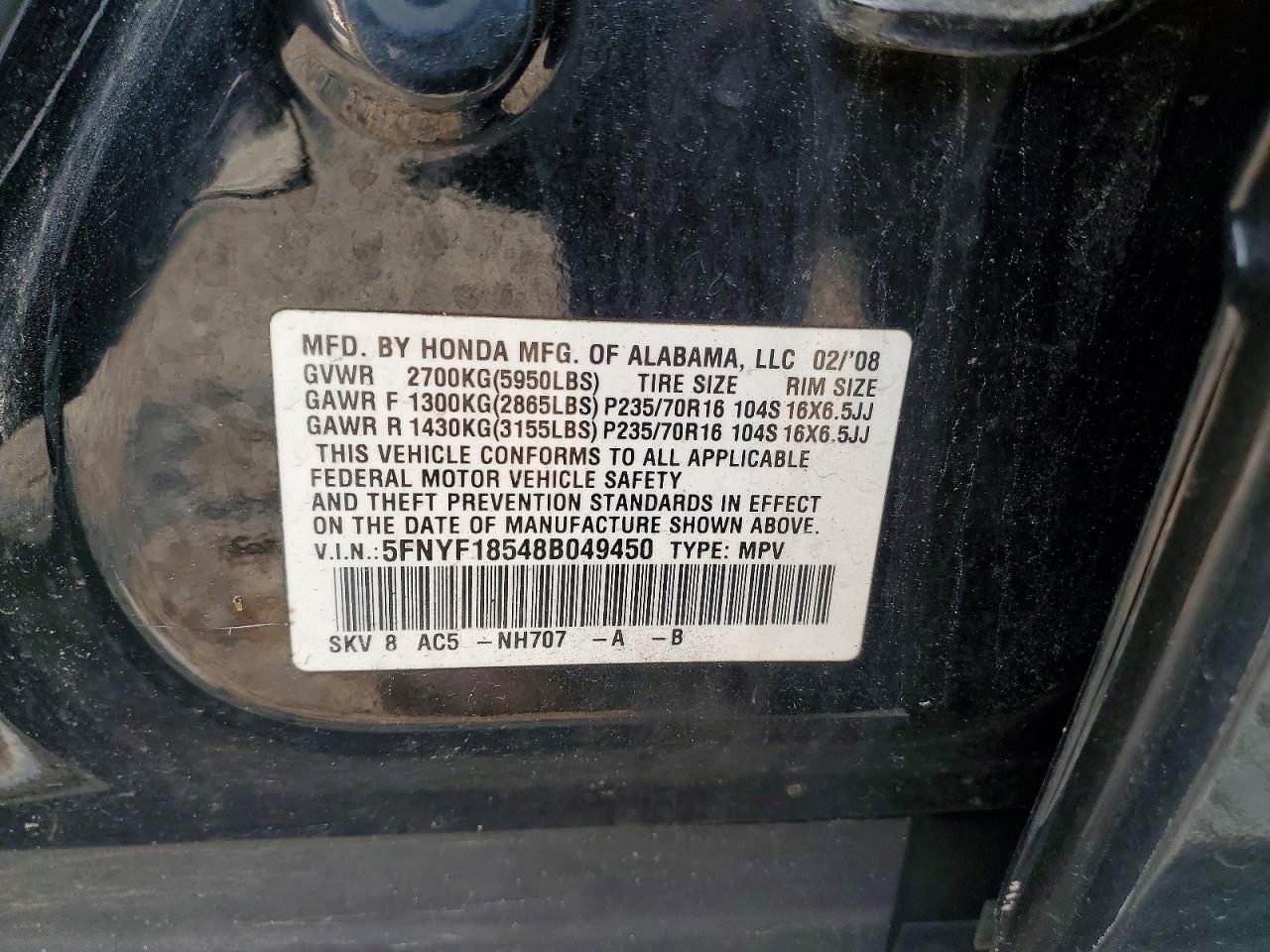 2008 Honda Pilot Exl Black vin: 5FNYF18548B049450