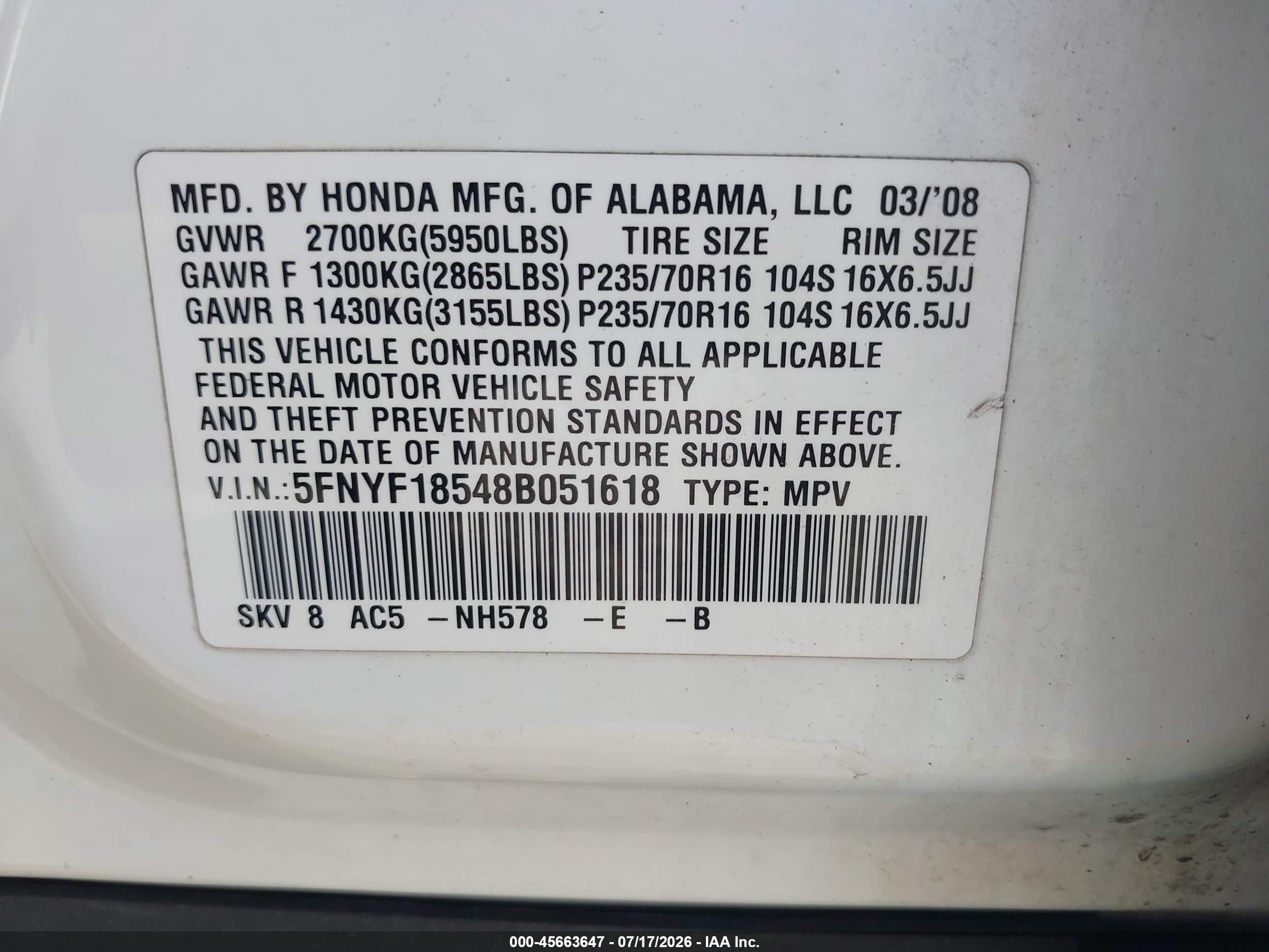 2008 Honda Pilot Ex-l White vin: 5FNYF18548B051618