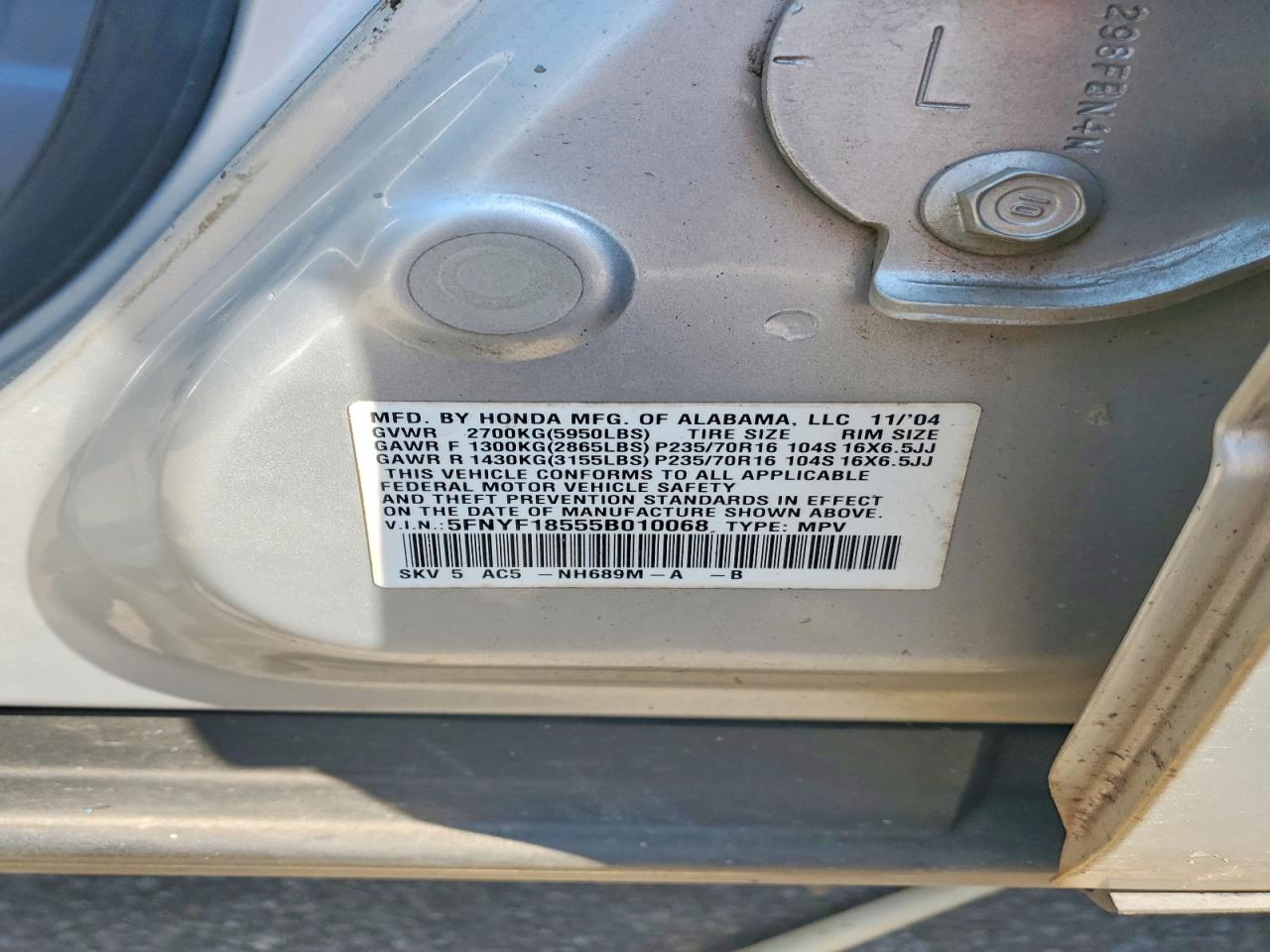 2005 Honda Pilot Exl Silver vin: 5FNYF18555B010068