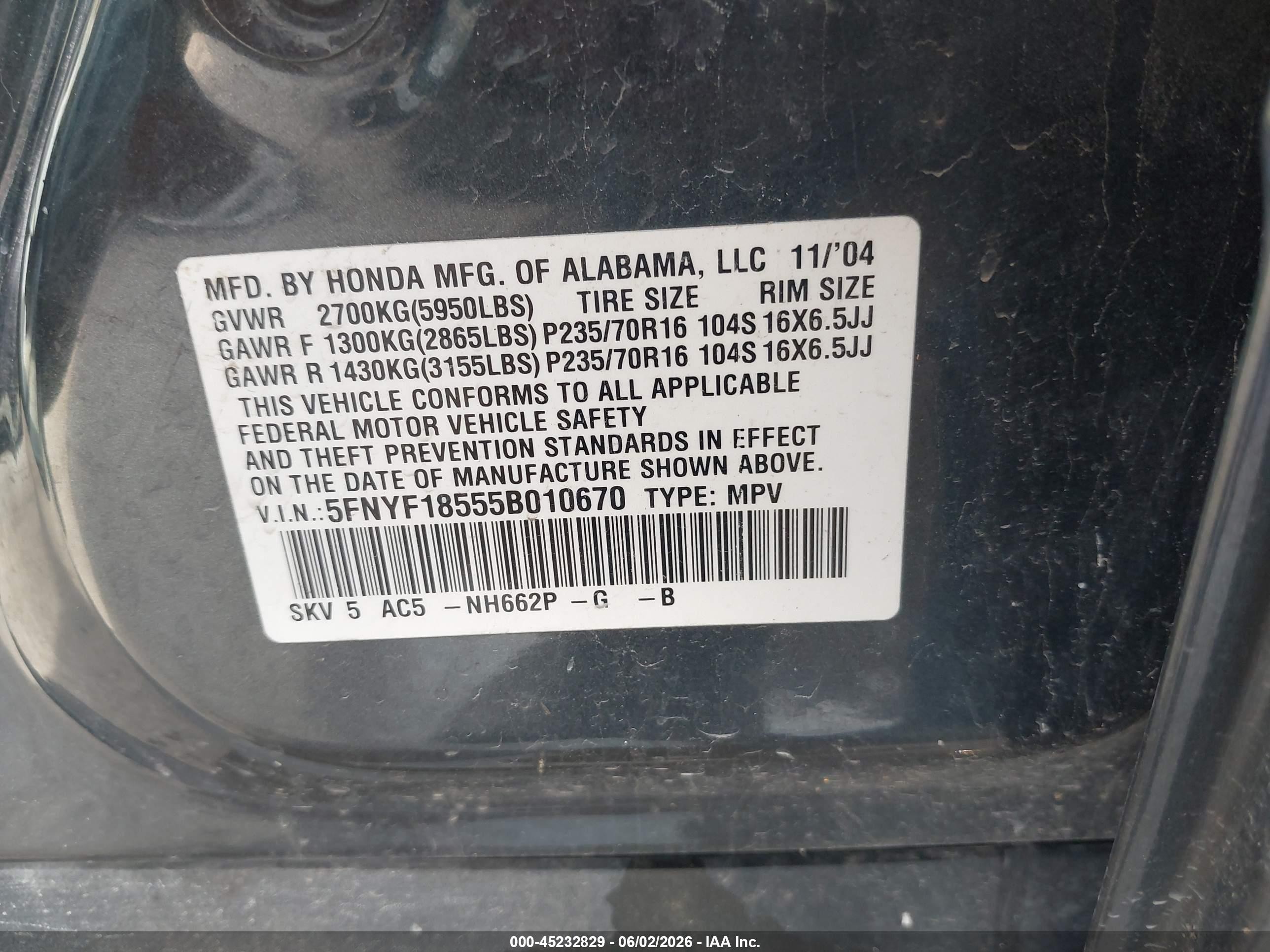 2005 Honda Pilot Ex-l Gray vin: 5FNYF18555B010670
