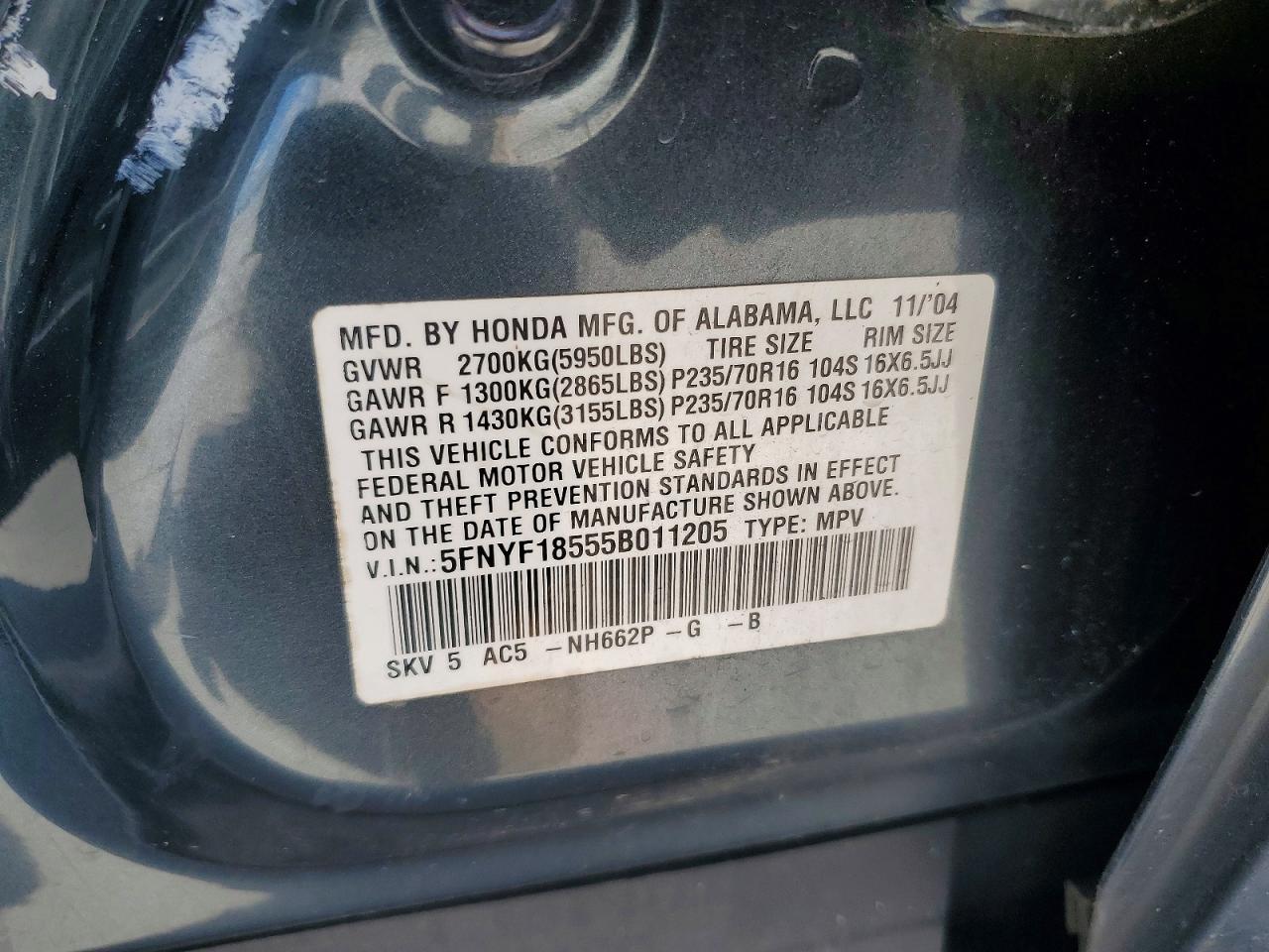 2005 Honda Pilot Exl Blue vin: 5FNYF18555B011205