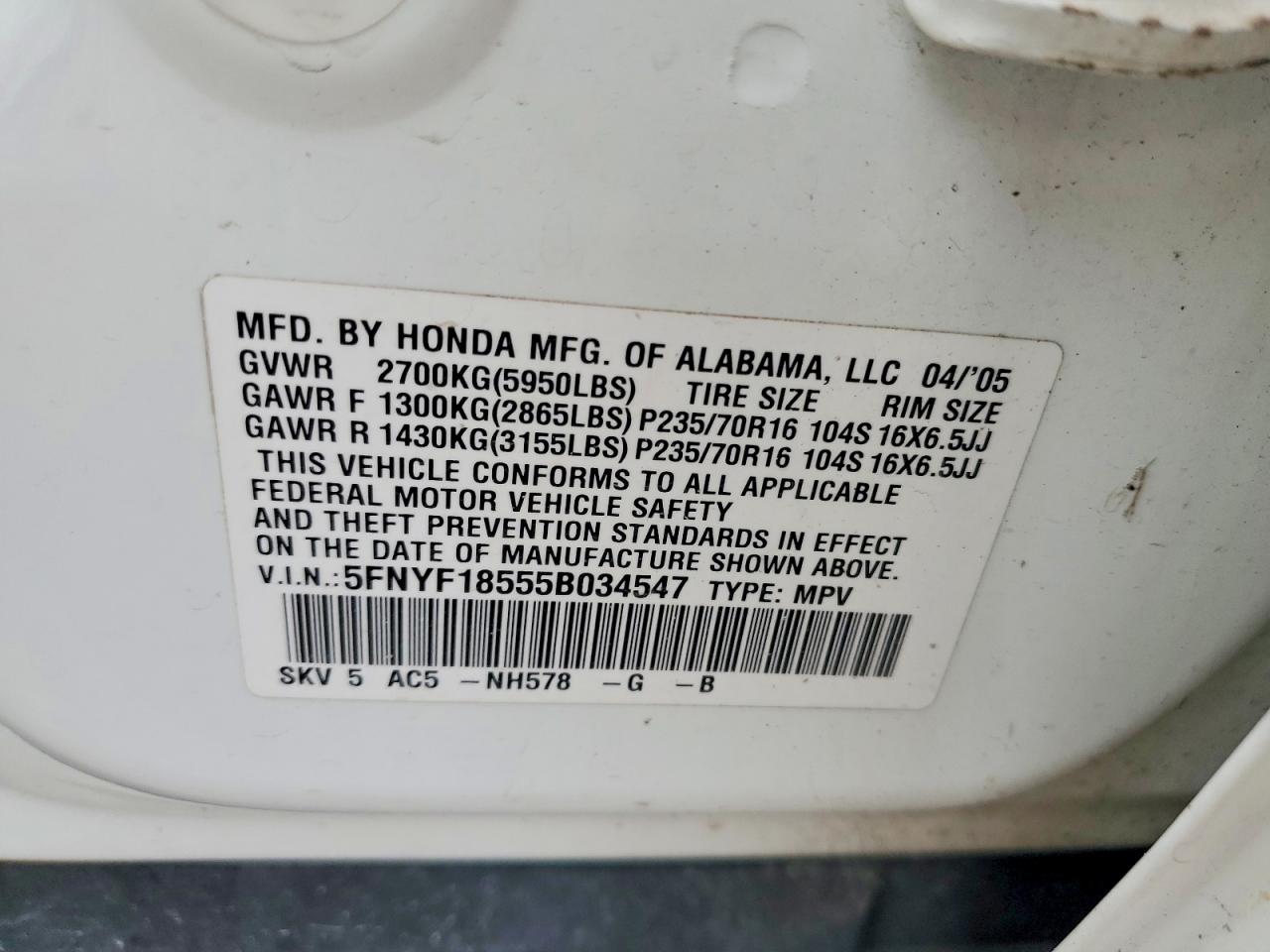 2005 Honda Pilot Exl White vin: 5FNYF18555B034547