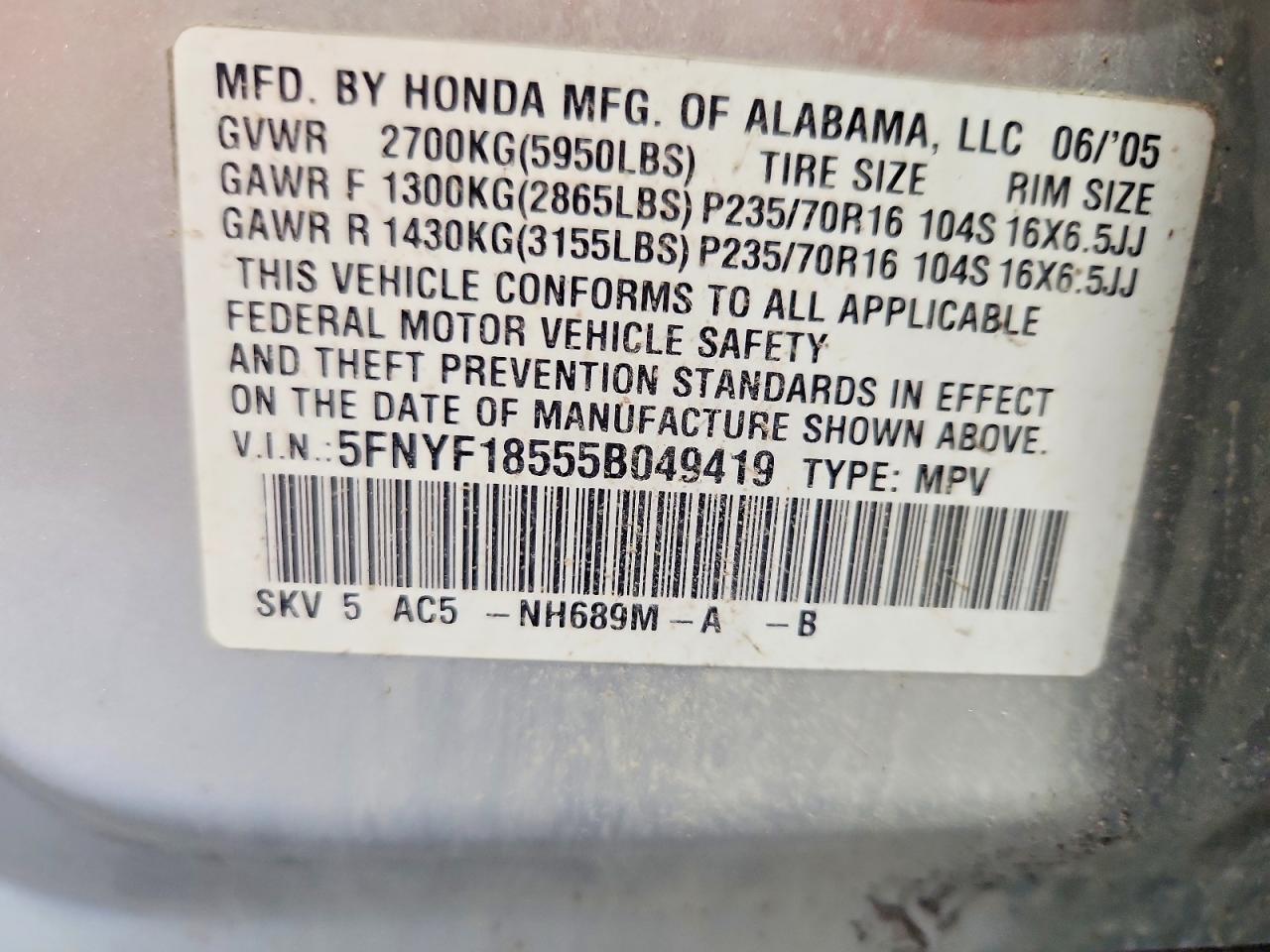 2005 Honda Pilot Exl Серебряный vin: 5FNYF18555B049419