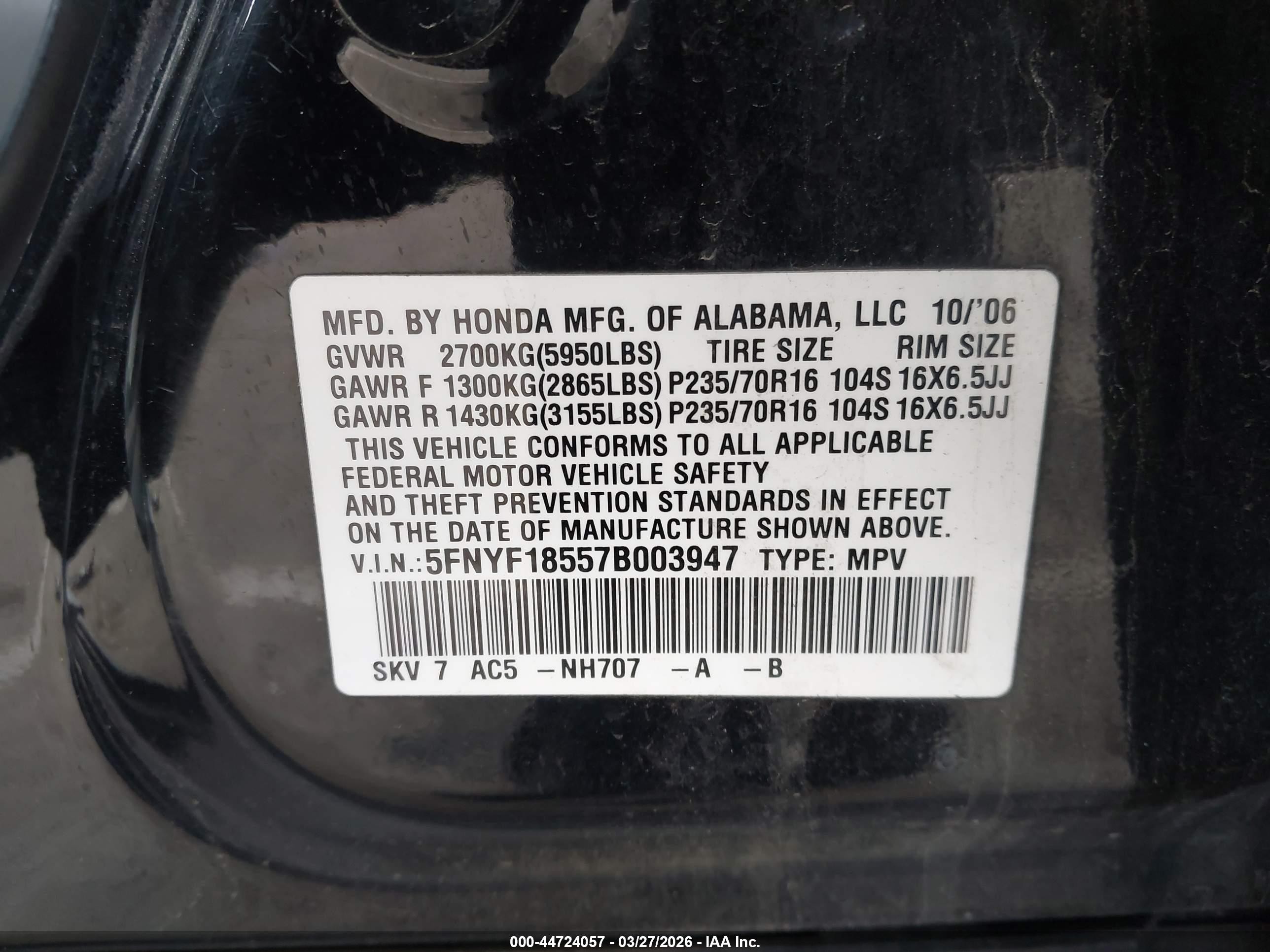 2007 Honda Pilot Ex-l Black vin: 5FNYF18557B003947