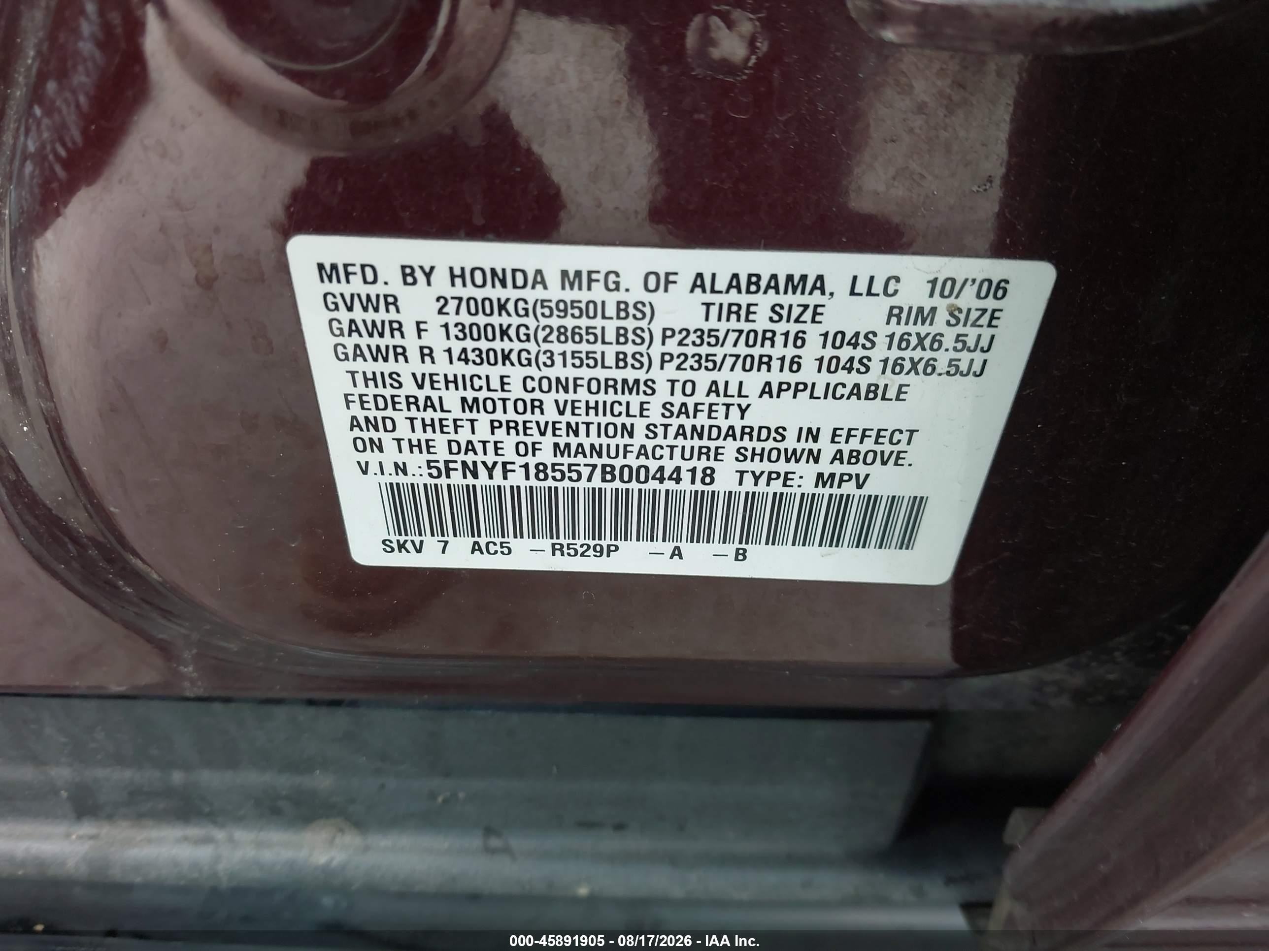 2007 Honda Pilot Ex-l Бордовый vin: 5FNYF18557B004418