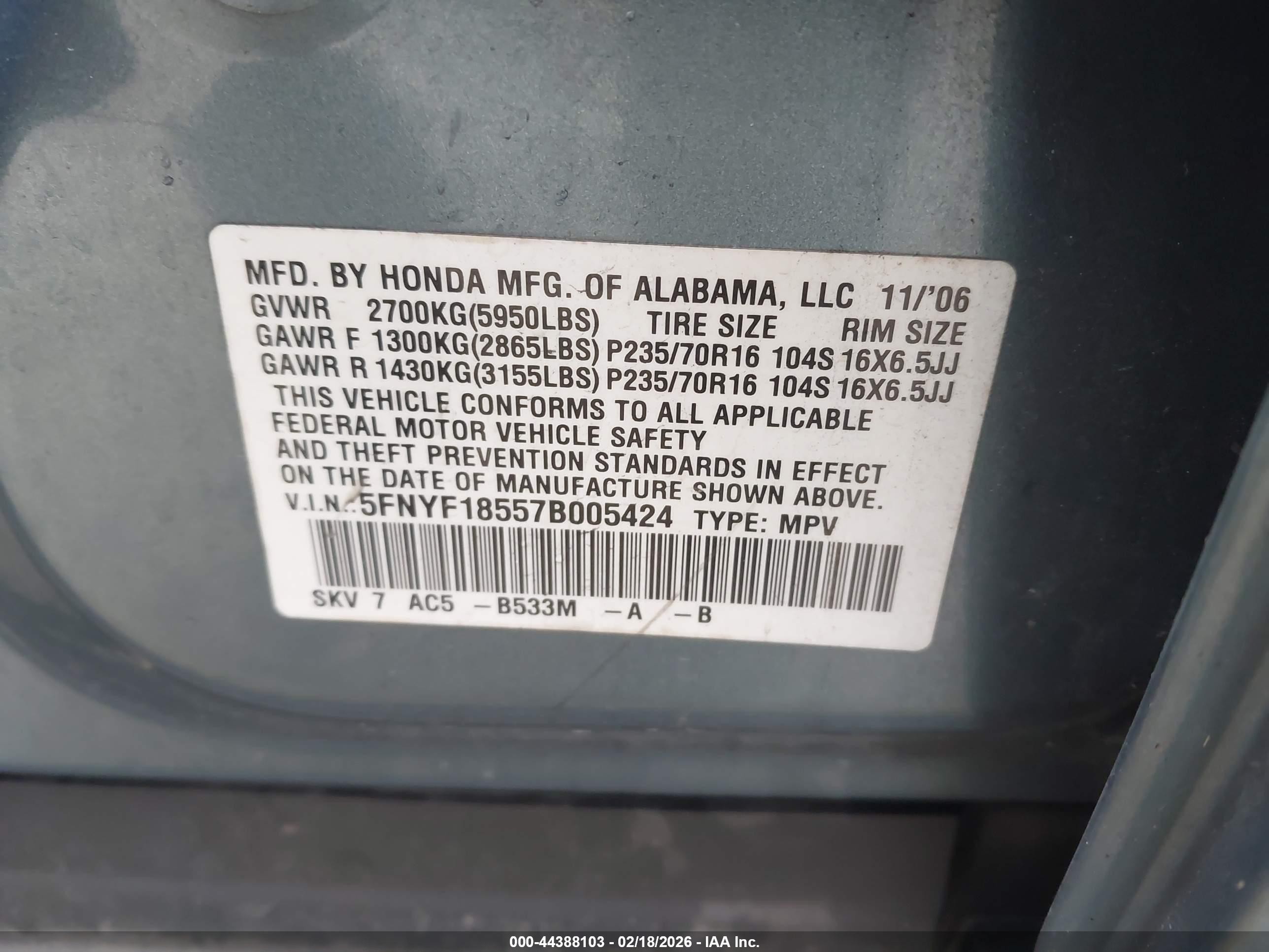 2007 Honda Pilot Ex-l Blue vin: 5FNYF18557B005424